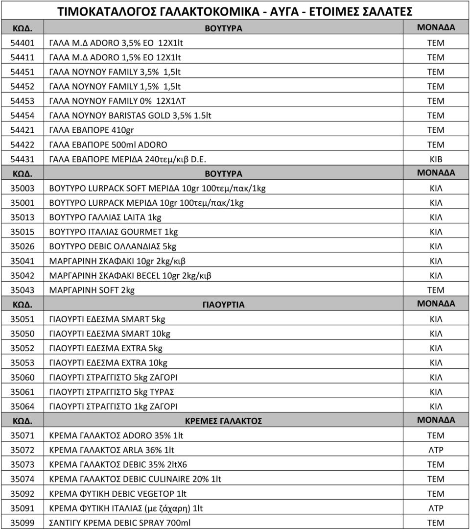 5lt ΤΕΜ 54421 ΓΑΛΑ ΕΒΑΠΟΡΕ 410gr ΤΕΜ 54422 ΓΑΛΑ ΕΒΑΠΟΡΕ 500ml ADORO ΤΕΜ 54431 ΓΑΛΑ ΕΒΑΠΟΡΕ ΜΕΡΙΔΑ 240τεμ/κιβ D.E. ΚΙΒ ΚΩΔ.