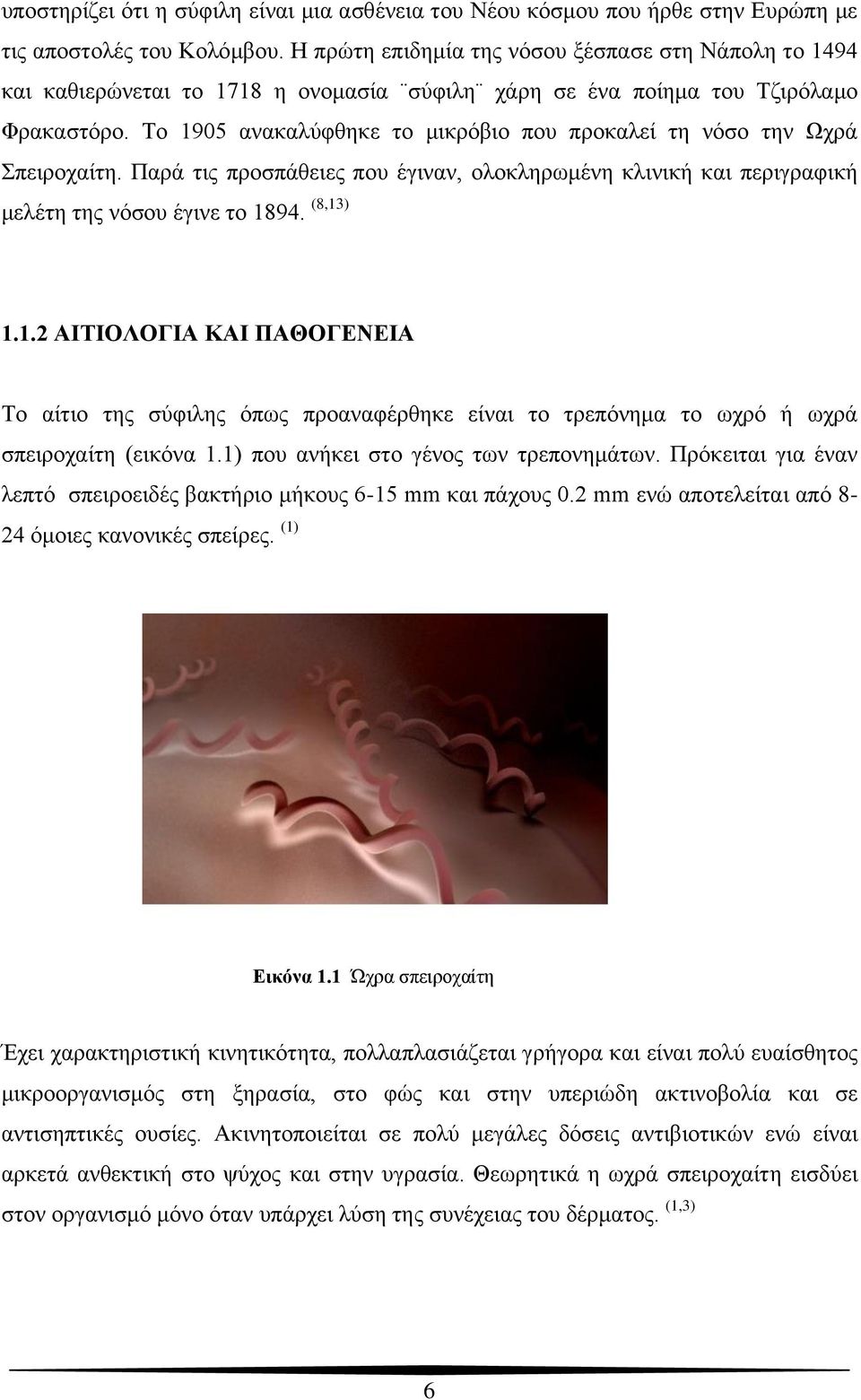 Το 1905 ανακαλύφθηκε το μικρόβιο που προκαλεί τη νόσο την Ωχρά Σπειροχαίτη. Παρά τις προσπάθειες που έγιναν, ολοκληρωμένη κλινική και περιγραφική μελέτη της νόσου έγινε το 1894. (8,13) 1.1.2 ΑΙΤΙΟΛΟΓΙΑ ΚΑΙ ΠΑΘΟΓΕΝΕΙΑ Το αίτιο της σύφιλης όπως προαναφέρθηκε είναι το τρεπόνημα το ωχρό ή ωχρά σπειροχαίτη (εικόνα 1.