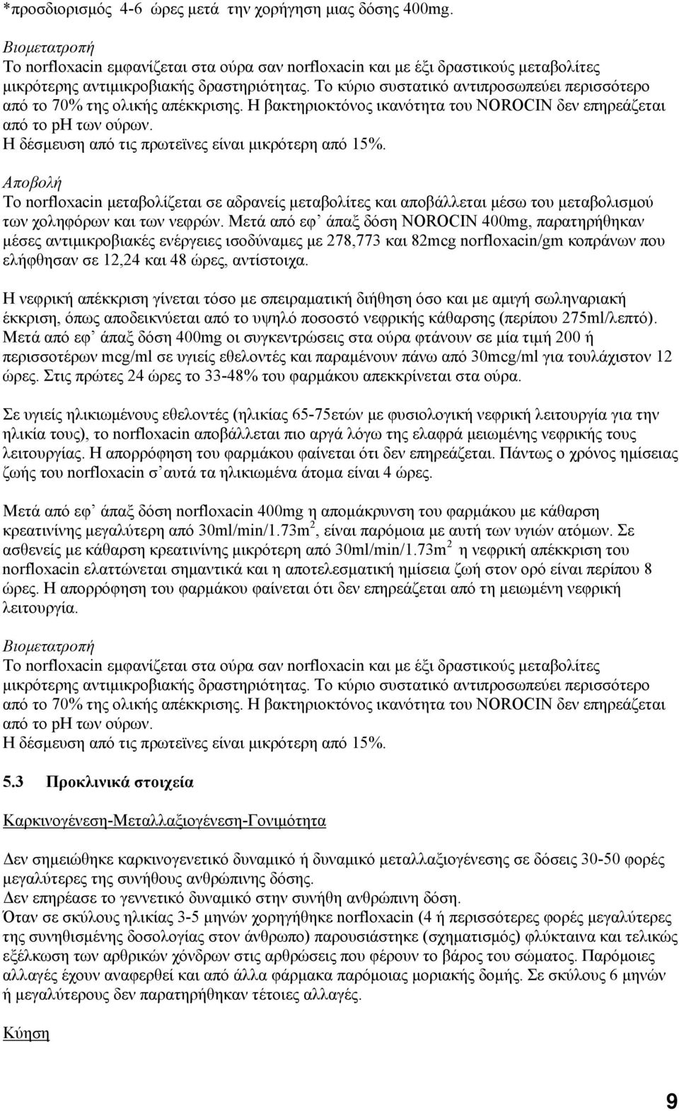 Το κύριο συστατικό αντιπροσωπεύει περισσότερο από το 70% της ολικής απέκκρισης. Η βακτηριοκτόνος ικανότητα του NOROCIN δεν επηρεάζεται από το ph των ούρων.