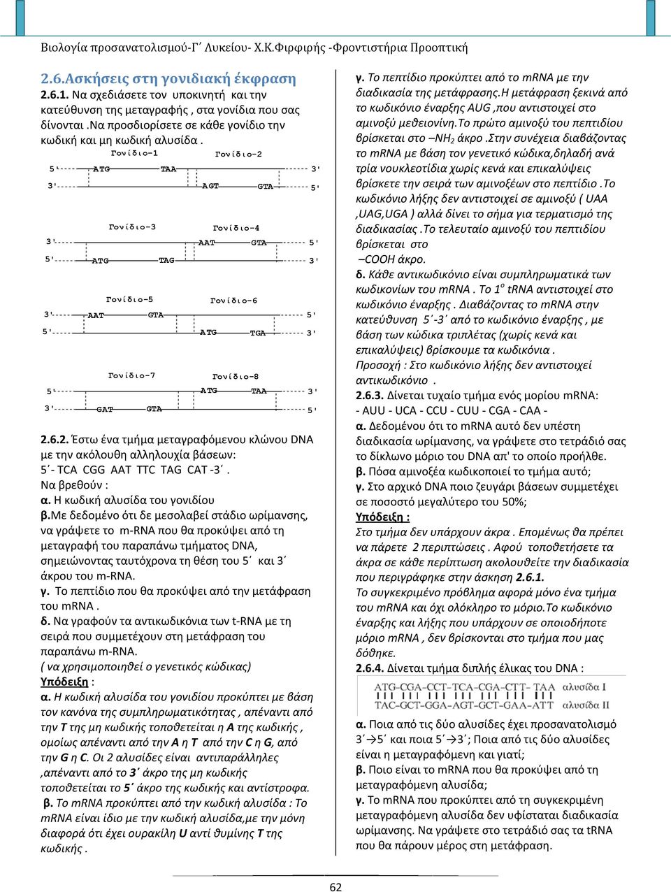 Γονίδιο-4 Γονίδιο-6 GTA GTA TGA Γονίδιο-8 TAA 2.6.2. Έστω ένα τμήμα μεταγραφόμενου κλώνου DNA με την ακόλουθη αλληλουχία βάσεων: 5 - ΤCΑ CGG AAT TTC TAG CAT -3. Να βρεθούν : α.
