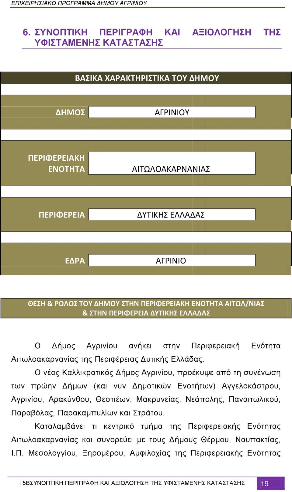 Ο νέος Καλλικρατικός Δήμος Αγρινίου, προέκυψε από τη συνένωση των πρώην Δήμων (και νυν Δημοτικών Ενοτήτων) Αγγελοκάστρου, Αγρινίου, Αρακύνθου, Θεστιέων, Μακρυνείας, Νεάπολης, Παναιτωλικού, Παραβόλας,