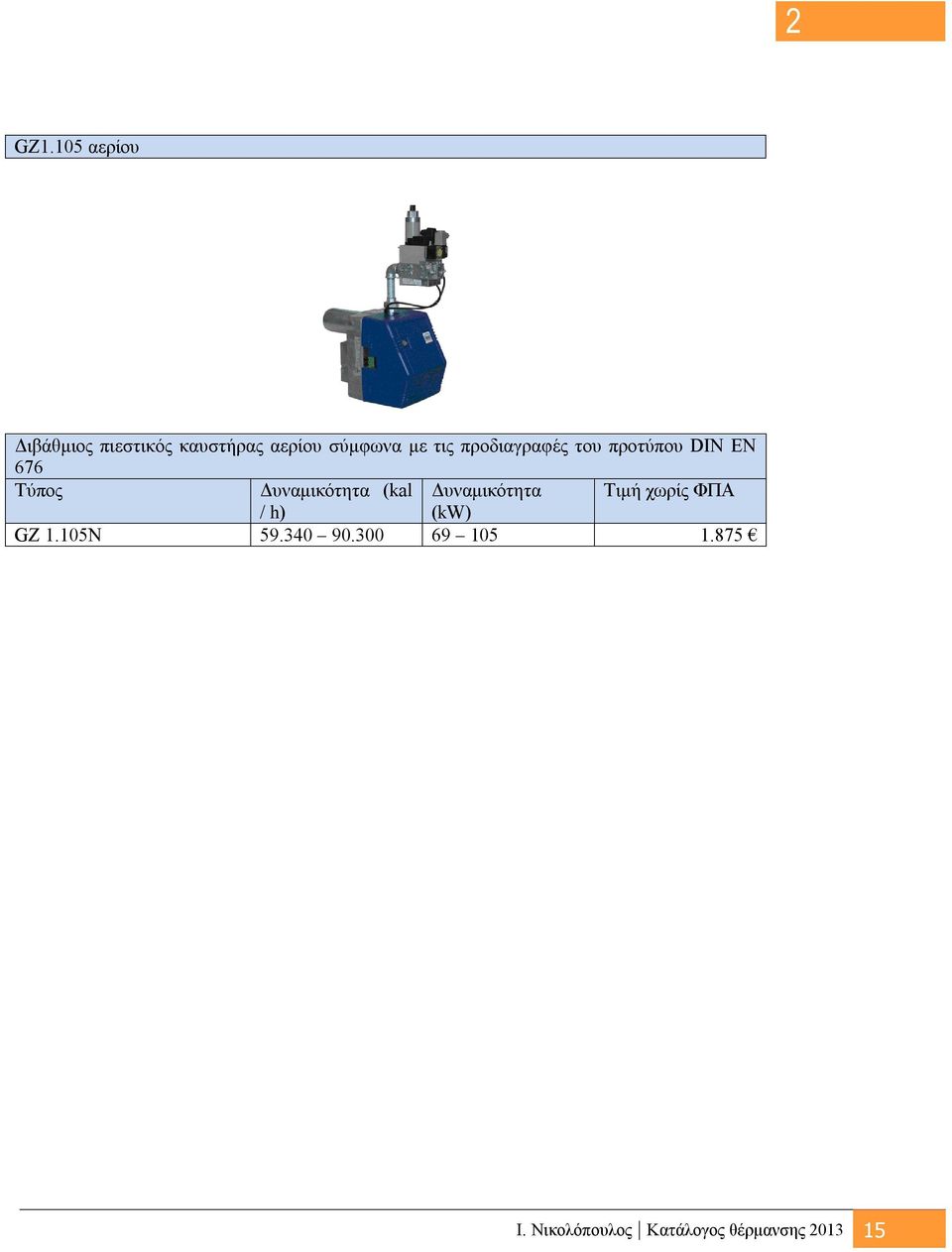 Δυναμικότητα Τιμή χωρίς ΦΠΑ / h) (kw) GZ 1.105Ν 59.340 90.