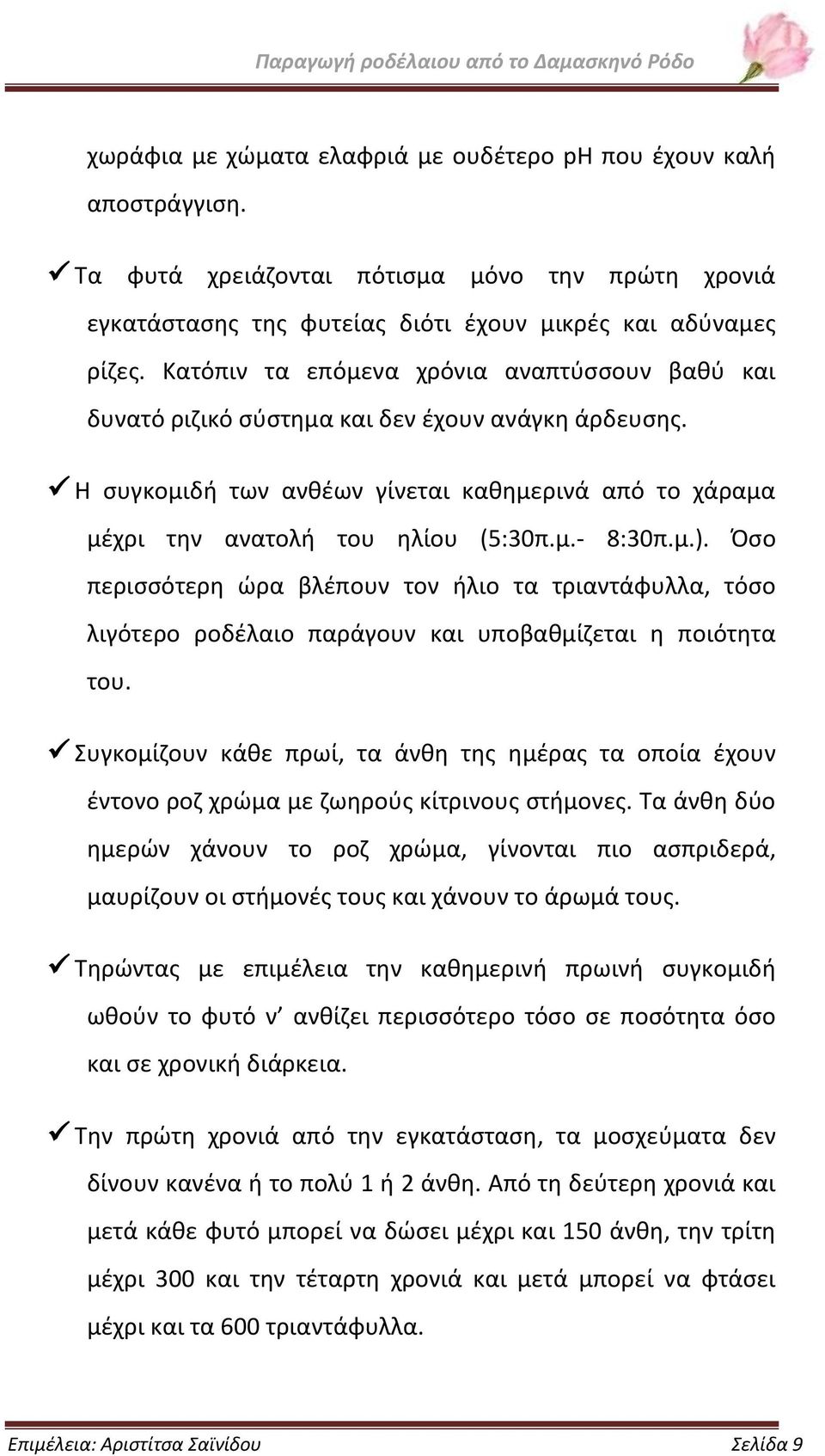 μ.). Όσο περισσότερη ώρα βλέπουν τον ήλιο τα τριαντάφυλλα, τόσο λιγότερο ροδέλαιο παράγουν και υποβαθμίζεται η ποιότητα του.