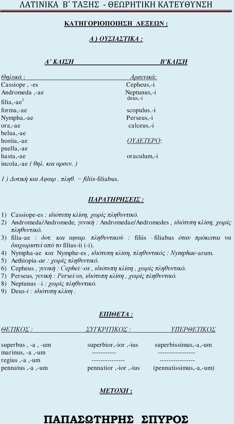 ΠΑΡΑΤΗΡΗΣΕΙΣ : 1) Cassiope-es : ιδιότυπη κλίση, χωρίς πληθυντικό. 2) Andromeda/Andromede, γενική : Andromedae/Andromedes, ιδιότυπη κλίση, χωρίς πληθυντικό. 3) filia-ae : δοτ. και αφαιρ.