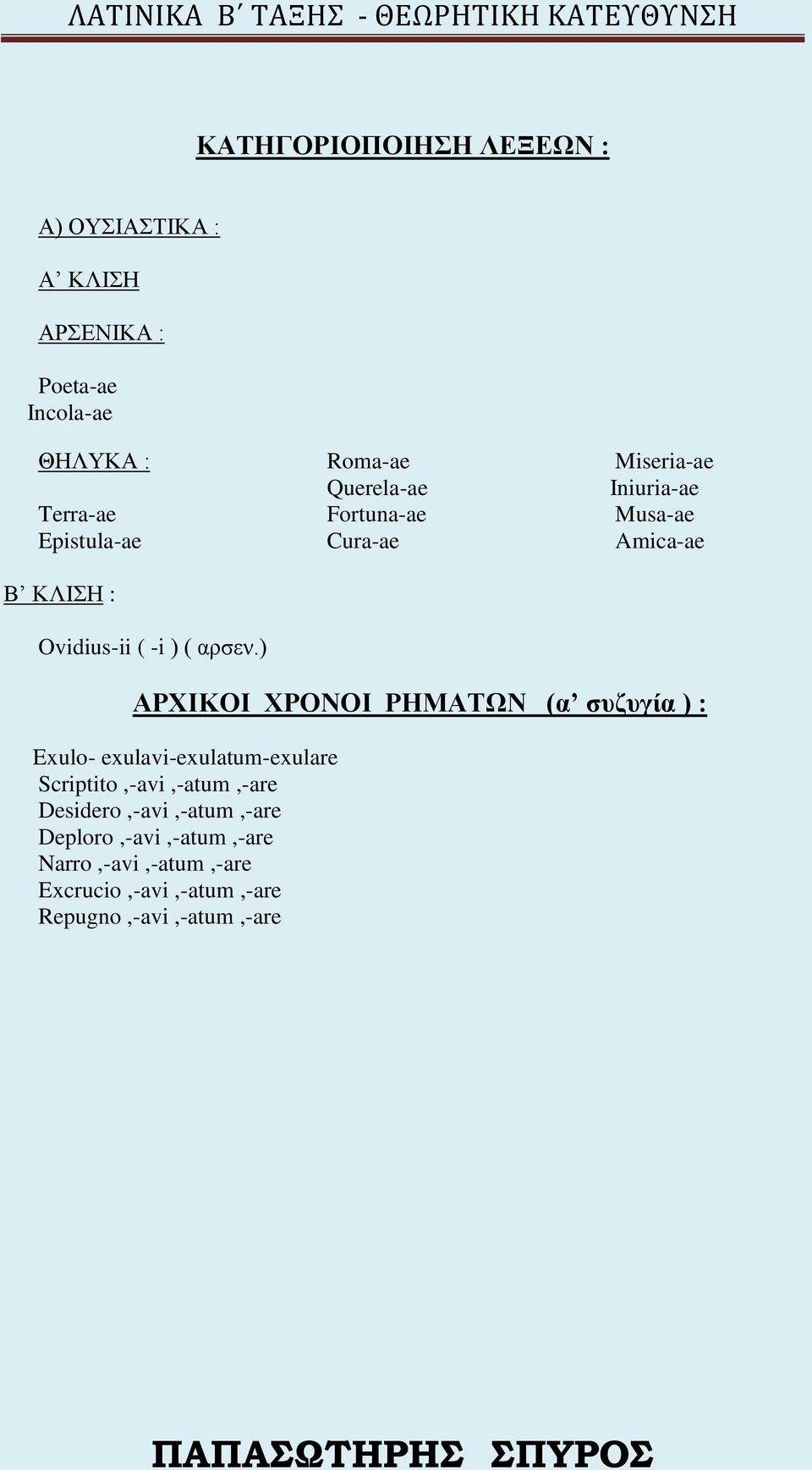 ) Roma-ae Querela-ae Fortuna-ae Cura-ae Miseria-ae Iniuria-ae Musa-ae Amica-ae ΑΡΧΙΚΟΙ ΧΡΟΝΟΙ ΡΗΜΑΤΩΝ (α