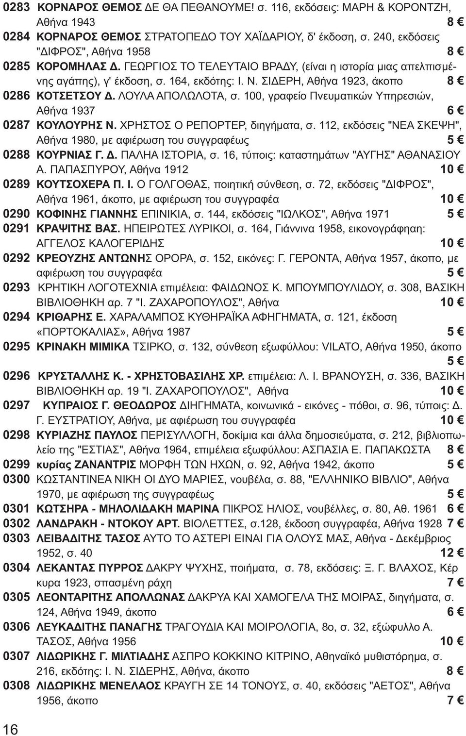 100, γραφείο Πνευματικών Υπηρεσιών, Αθήνα 1937 6 0287 ΚΟΥΛΟΥΡΗΣ Ν. ΧΡΗΣΤΟΣ Ο ΡΕΠΟΡΤΕΡ, διηγήματα, σ. 112, εκδόσεις "ΝΕΑ ΣΚΕΨΗ", Αθήνα 1980, με αφιέρωση του συγγραφέως 5 0288 ΚΟΥΡΝΙΑΣ Γ. Δ.