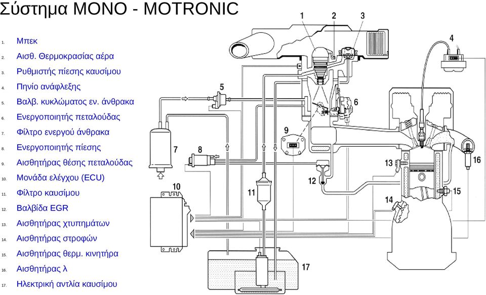 Αισθητήρας θέσης πεταλούδας 10. Μονάδα ελέγχου (ECU) 11. Φίλτρο καυσίμου 12. Βαλβίδα EGR 13.