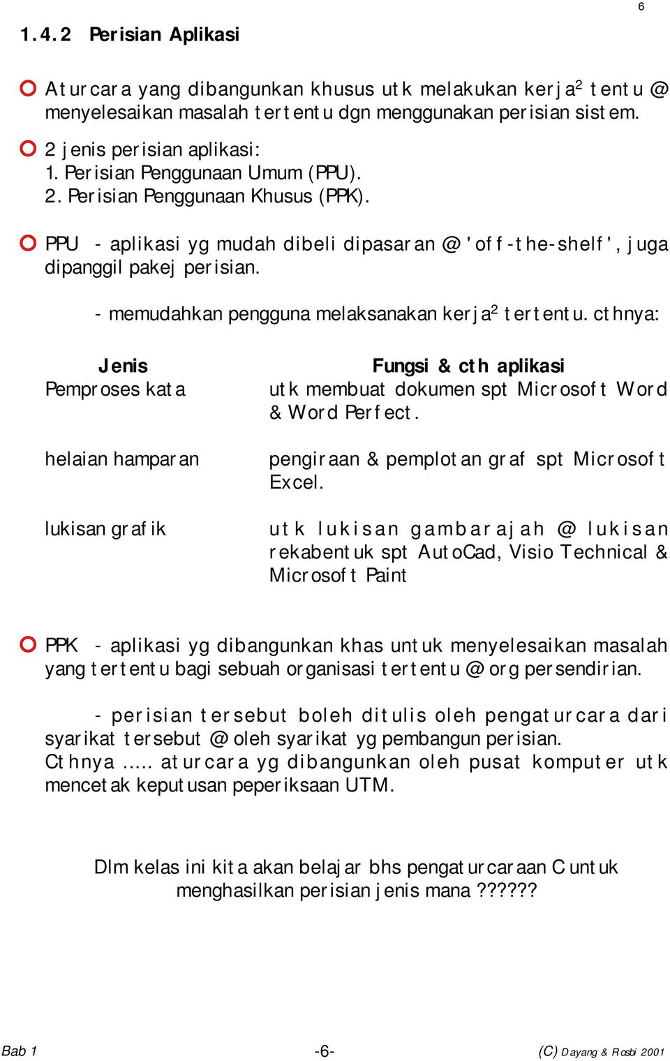 - memudahkan pengguna melaksanakan kerja 2 tertentu. cthnya: Jenis Pemproses kata helaian hamparan lukisan grafik Fungsi & cth aplikasi utk membuat dokumen spt Microsoft Word & Word Perfect.