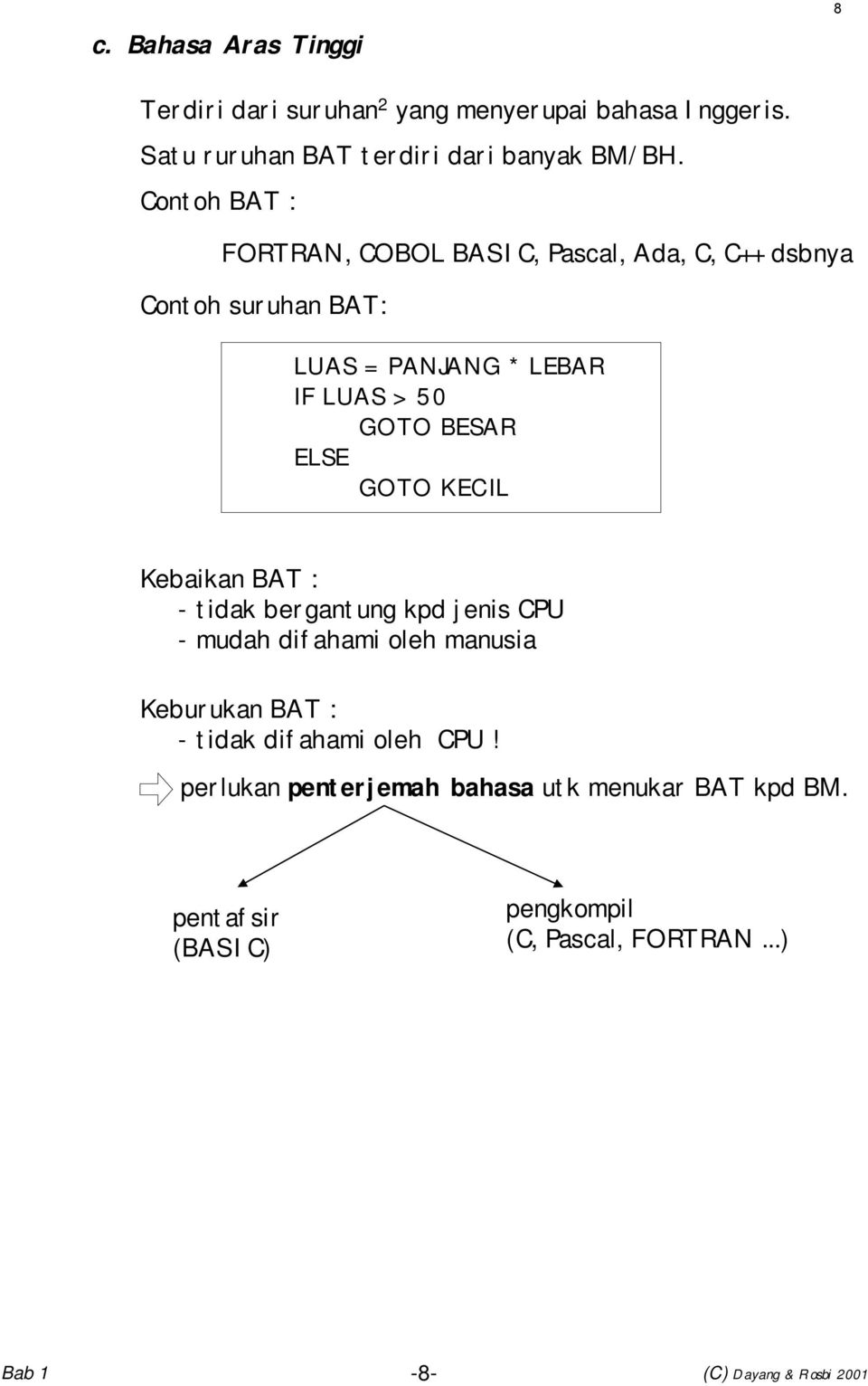 BESAR ELSE GOTO KECIL Kebaikan BAT : - tidak bergantung kpd jenis CPU - mudah difahami oleh manusia Keburukan BAT : - tidak