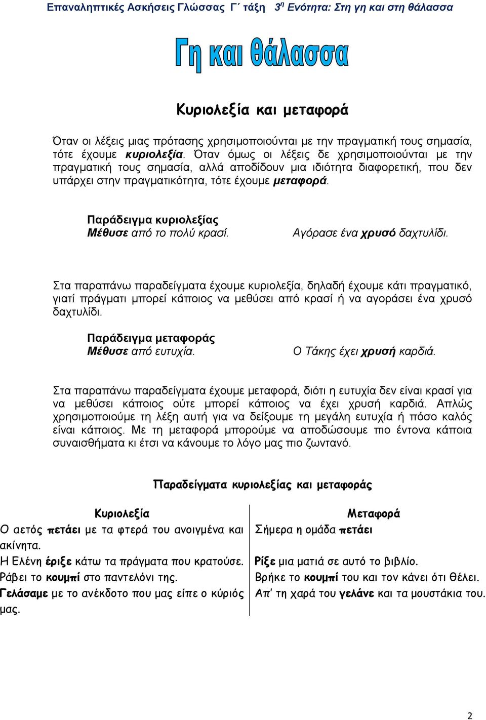 Παράδειγμα κυριολεξίας Μέθυσε από το πολύ κρασί. Αγόρασε ένα χρυσό δαχτυλίδι.