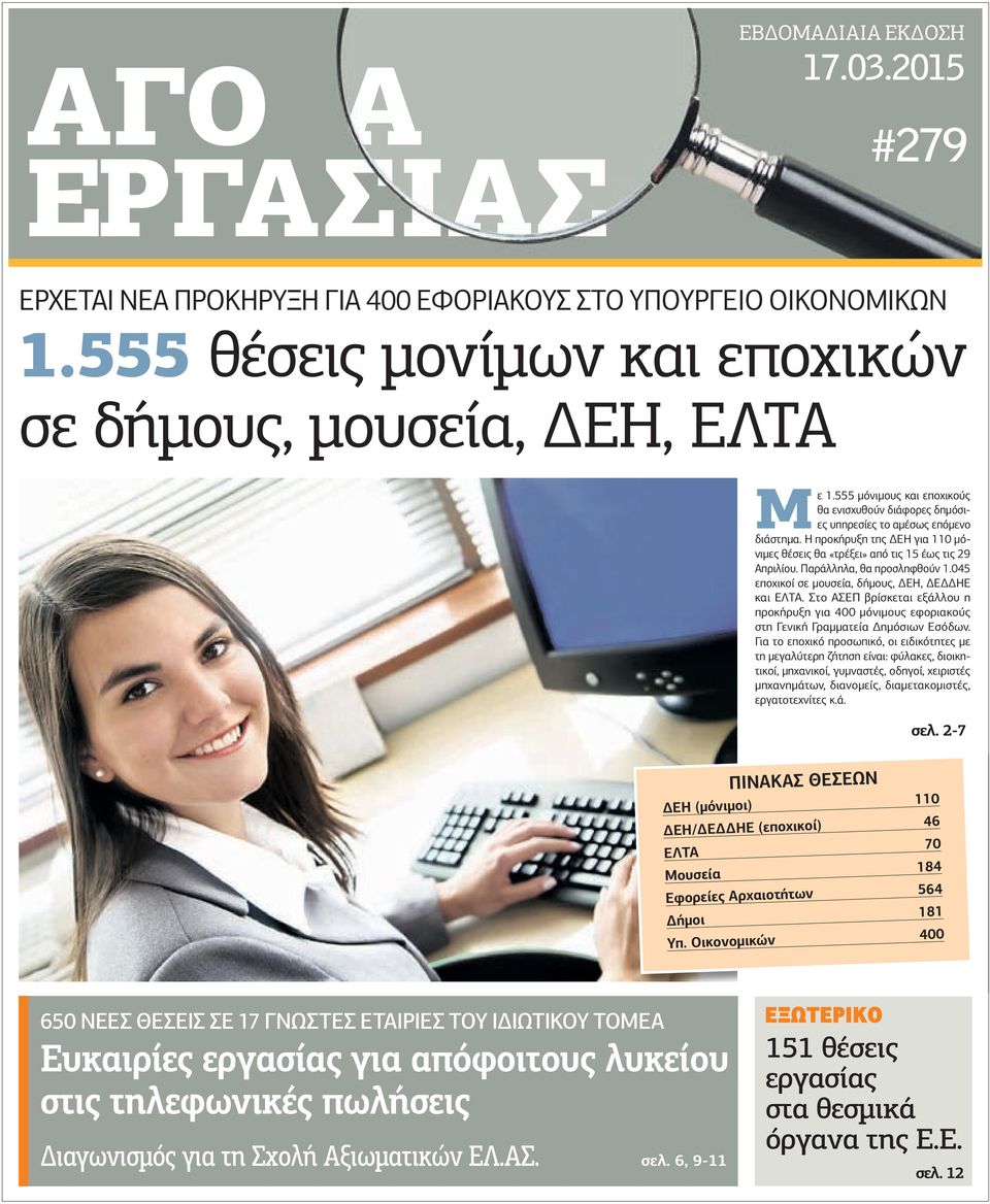 Παράλληλα, θα προσληφθούν 1.045 εποχικοί σε µουσεία, δήµους, ΕΗ, Ε ΗΕ και ΕΛΤΑ. Στο ΑΣΕΠ βρίσκεται εξάλλου η προκήρυξη για 400 µόνιµους εφοριακούς στη Γενική Γραµµατεία ηµόσιων Εσόδων.