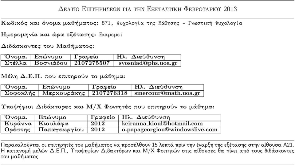 uoa.gr Σοφοκλής Μερκουράκης 2107276318 smercour@math.uoa.gr Κυράννα Κιουλάφα 2012 keiranna kioul@hotmail.