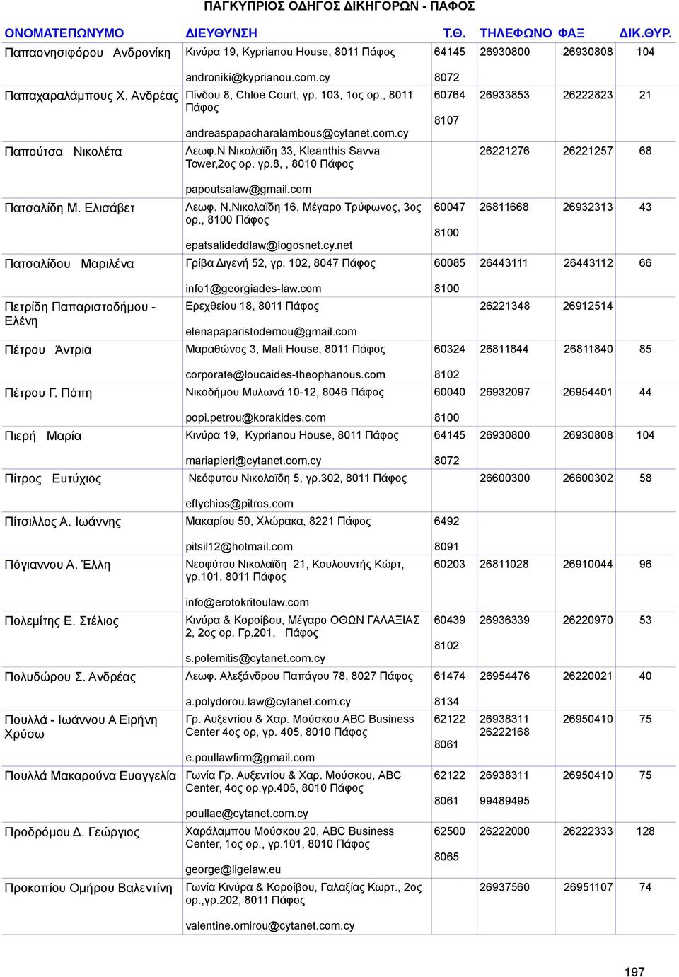 com Πατσαλίδη Μ. Ελισάβετ Λεωφ. Ν.Νικολαΐδη 16, Μέγαρο Τρύφωνος, 3ος 60047 26811668 26932313 43 ορ., epatsalideddlaw@logosnet.cy.net Πατσαλίδου Μαριλένα Γρίβα Διγενή 52, γρ.