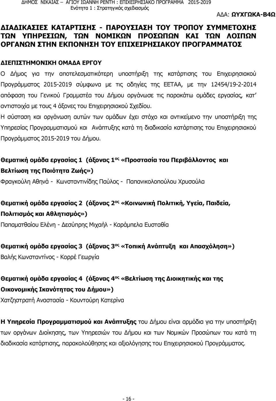 οργάνωσε τις παρακάτω ομάδες εργασίας, κατ αντιστοιχία με τους 4 άξονες του Επιχειρησιακού Σχεδίου.