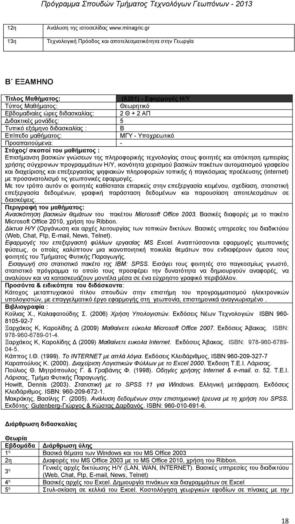 5 Τυπικό εξάμηνο διδασκαλίας : Β Επίπεδο μαθήματος: ΜΓΥ - Υποχρεωτικό Προαπαιτούμενα: - Στόχος/ σκοποί του μαθήματος : Επισήμανση βασικών γνώσεων της πληροφορικής τεχνολογίας στους φοιτητές και
