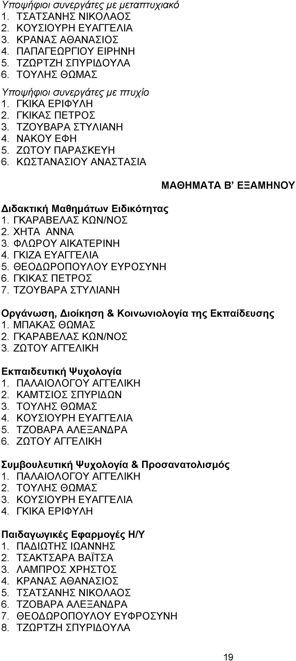 ΓΚΙΖΑ ΕΥΑΓΓΕΛΙΑ 5. ΘΕΟΔΩΡΟΠΟΥΛΟΥ ΕΥΡΟΣΥΝΗ 6. ΓΚΙΚΑΣ ΠΕΤΡΟΣ 7. ΤΖΟΥΒΑΡΑ ΣΤΥΛΙΑΝΗ ΜΑΘΗΜΑΤΑ Β ΕΞΑΜΗΝΟΥ Οργάνωση, Διοίκηση & Κοινωνιολογία της Εκπαίδευσης 1. ΜΠΑΚΑΣ ΘΩΜΑΣ 2. ΓΚΑΡΑΒΕΛΑΣ ΚΩΝ/ΝΟΣ 3.