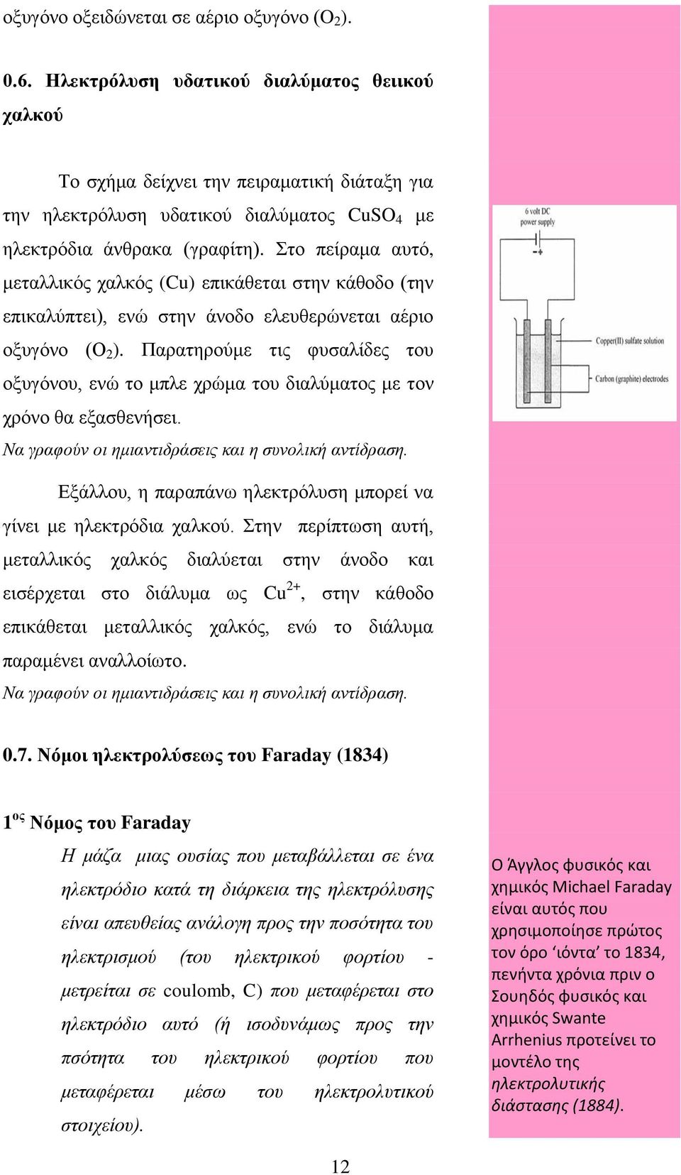 Στο πείραμα αυτό, μεταλλικός χαλκός (Cu) επικάθεται στην κάθοδο (την επικαλύπτει), ενώ στην άνοδο ελευθερώνεται αέριο οξυγόνο (Ο 2 ).