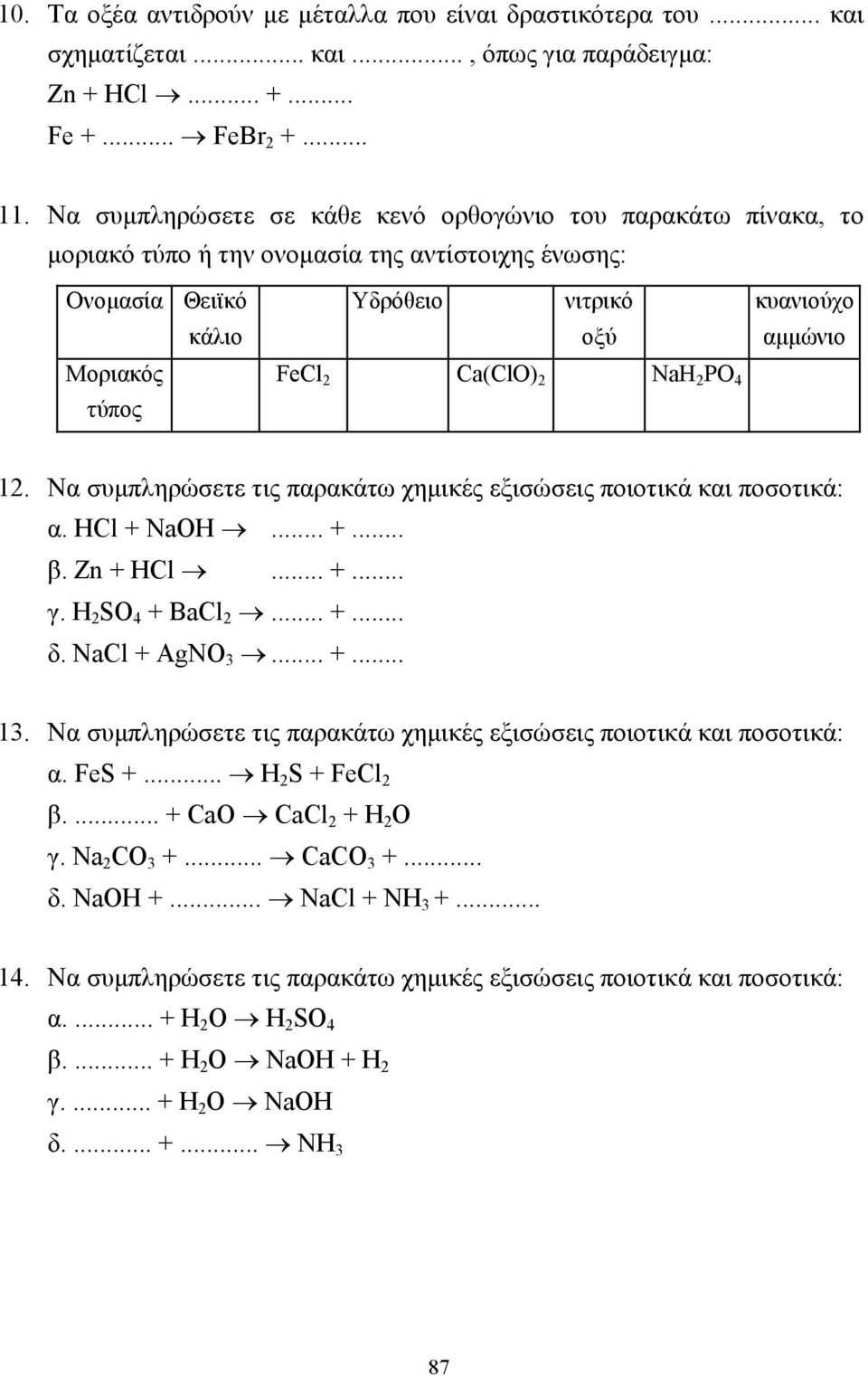 4 κυανιούχο αµµώνιο 12. Να συµπληρώσετε τις παρακάτω χηµικές εξισώσεις ποιοτικά και ποσοτικά: α. HCl + NaOH... +... β. Zn + HCl... +... γ. H 2 SO 4 + BaCl 2... +... δ. NaCl + AgNO 3... +... 13.