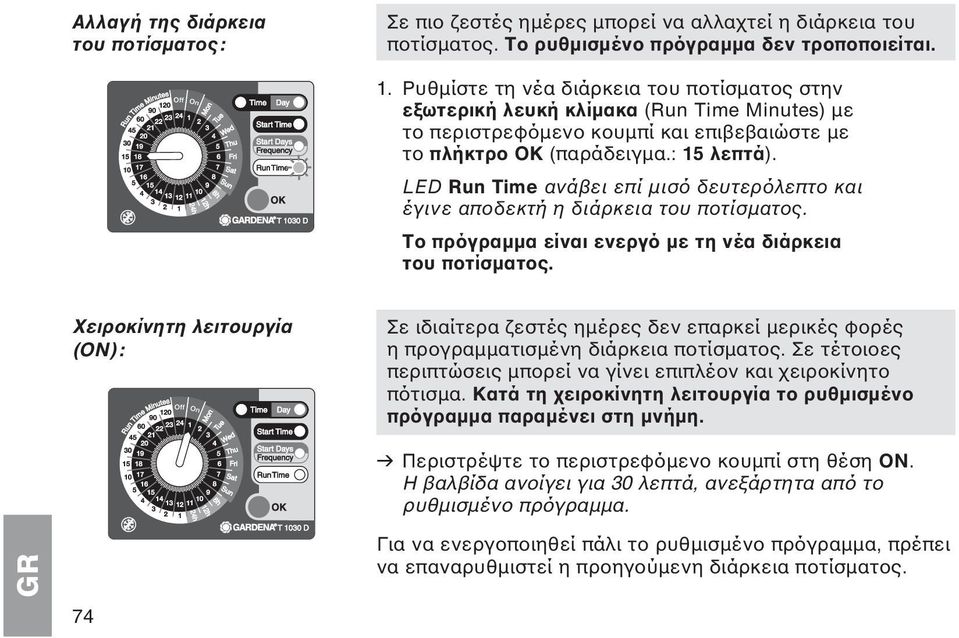 LED Run Time ανάβει επί μισό δευτερόλεπτο και έγινε αποδεκτή η διάρκεια του ποτίσματος. Το πρόγραμμα είναι ενεργό με τη νέα διάρκεια του ποτίσματος.