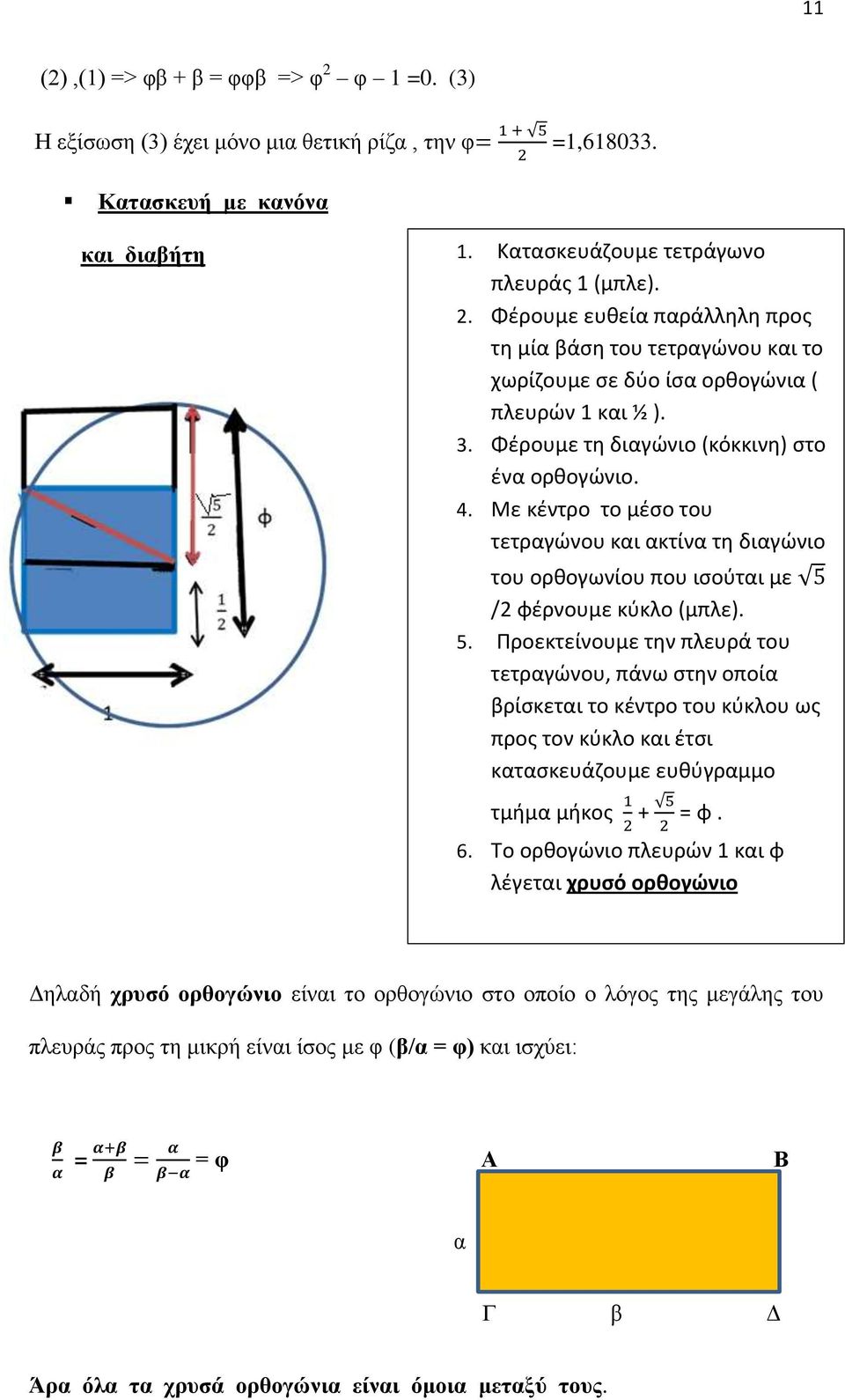 /2 φέρνουμε κύκλο (μπλε). 5. Προεκτείνουμε την πλευρά του τετραγώνου, πάνω στην οποία βρίσκεται το κέντρο του κύκλου ως προς τον κύκλο και έτσι κατασκευάζουμε ευθύγραμμο τμήμα μήκος + = φ. 6.