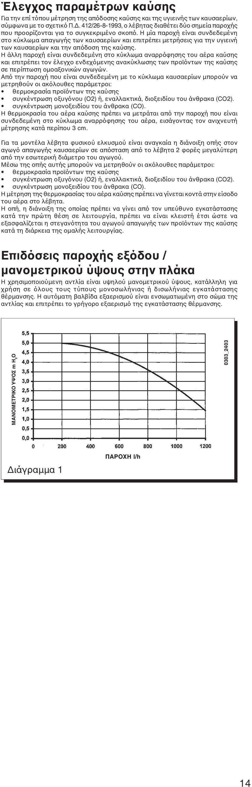 Η µία παροχή είναι συνδεδεµένη στο κύκλωµα απαγωγής των καυσαερίων και επιτρέπει µετρήσεις για την υγιεινή των καυσαερίων και την απόδοση της καύσης.
