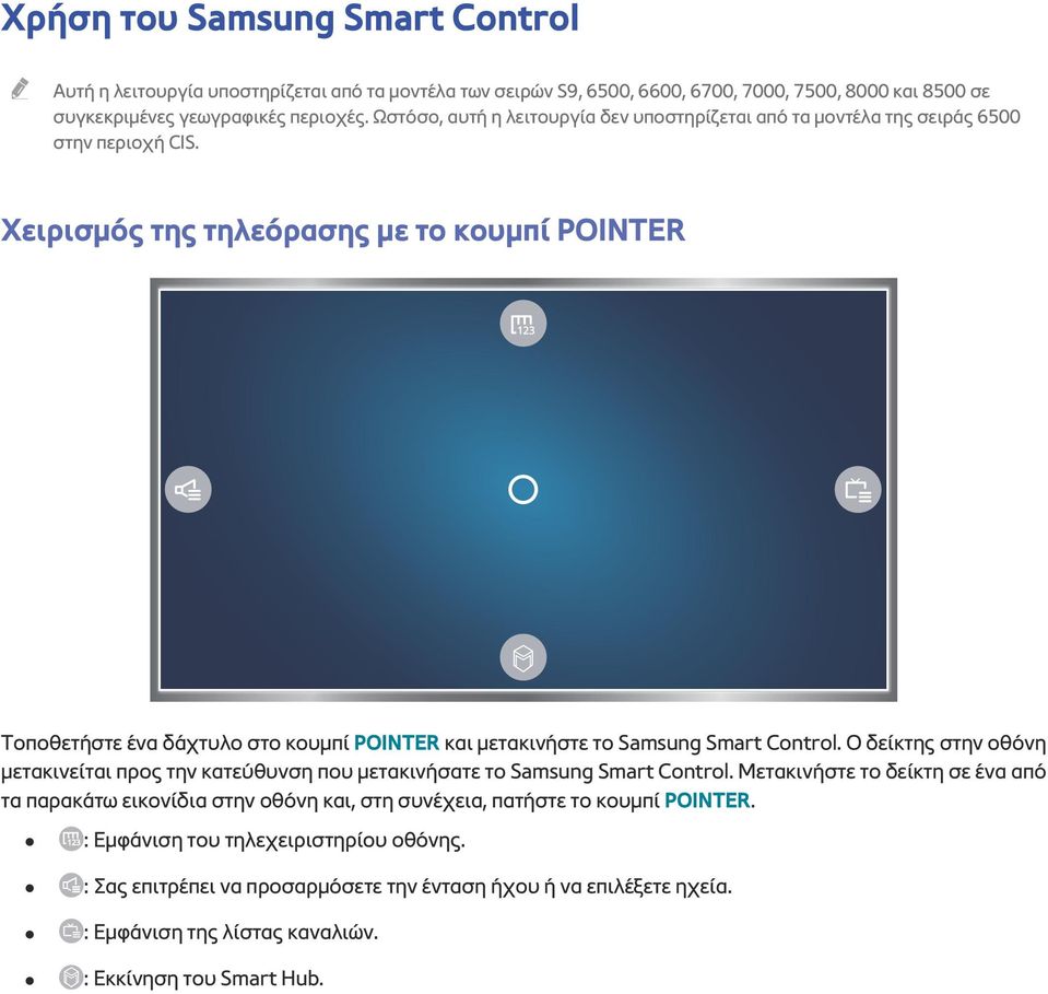 Χειρισμός της τηλεόρασης με το κουμπί POINTER Τοποθετήστε ένα δάχτυλο στο κουμπί POINTER και μετακινήστε το Samsung Smart Control.