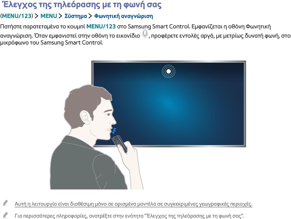 Όταν εμφανιστεί στην οθόνη το εικονίδιο, προφέρετε εντολές αργά, με μετρίως δυνατή φωνή, στο μικρόφωνο του Samsung Smart