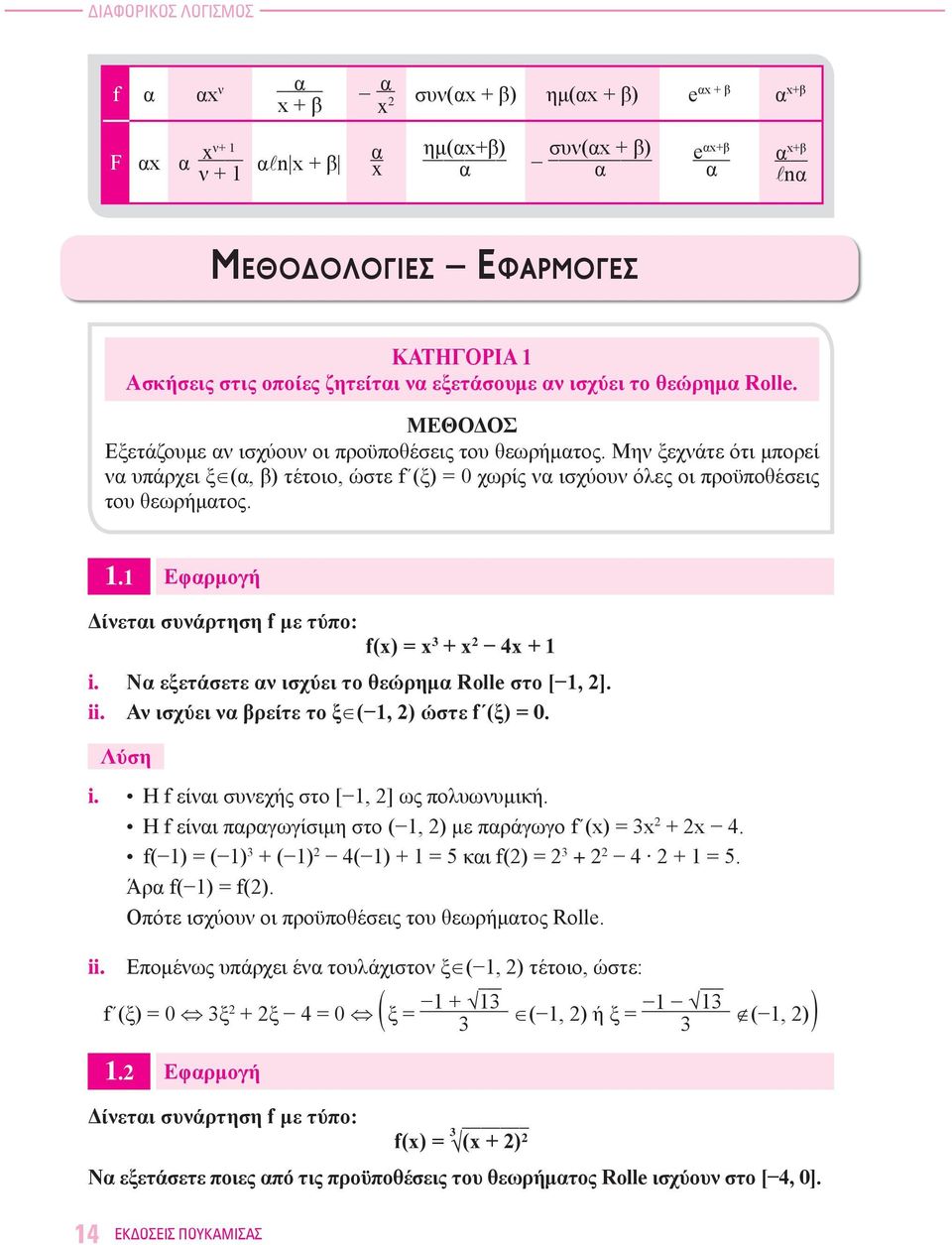 Μην ξεχνάτε ότι μπορεί να υπάρχει ξ (α, β) τέτοιο, ώστε f (ξ) = χωρίς να ισχύουν όλες οι προϋποθέσεις του θεωρήματος. 1.1 Εφαρμογή Δίνεται συνάρτηση f με τύπο: f() = 3 + 2 4 + 1 i.