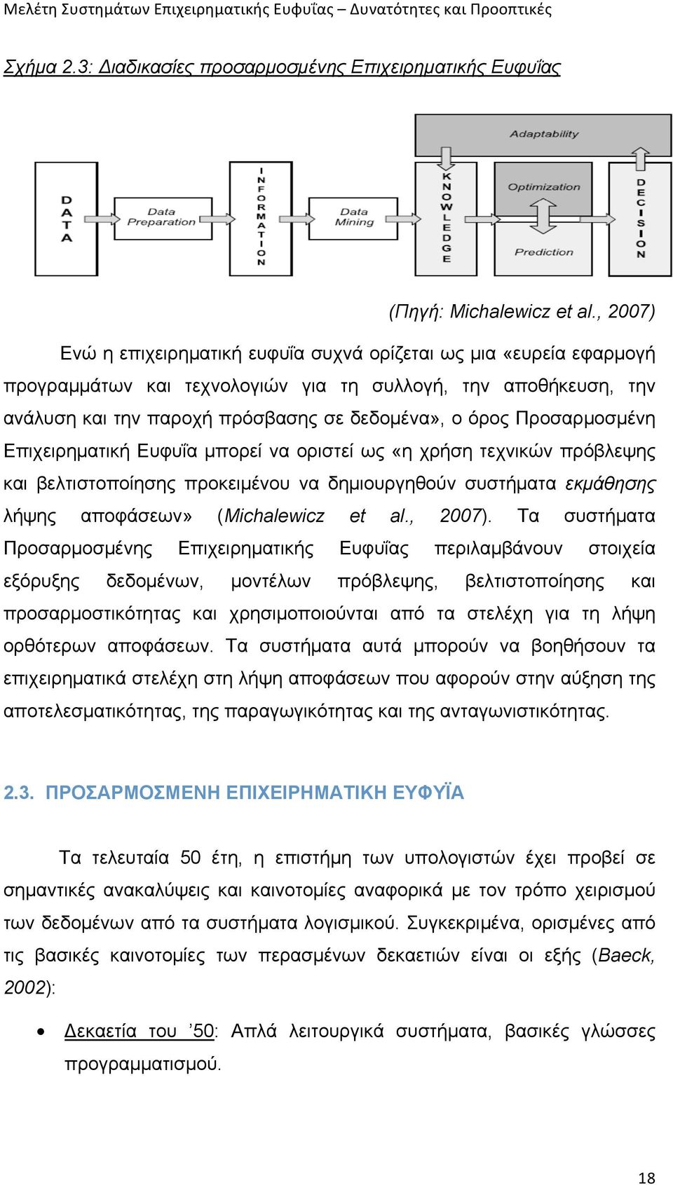 Προσαρµοσµένη Επιχειρηµατική Ευφυΐα µπορεί να οριστεί ως «η χρήση τεχνικών πρόβλεψης και βελτιστοποίησης προκειµένου να δηµιουργηθούν συστήµατα εκµάθησης λήψης αποφάσεων» (Michalewicz et al., 2007).