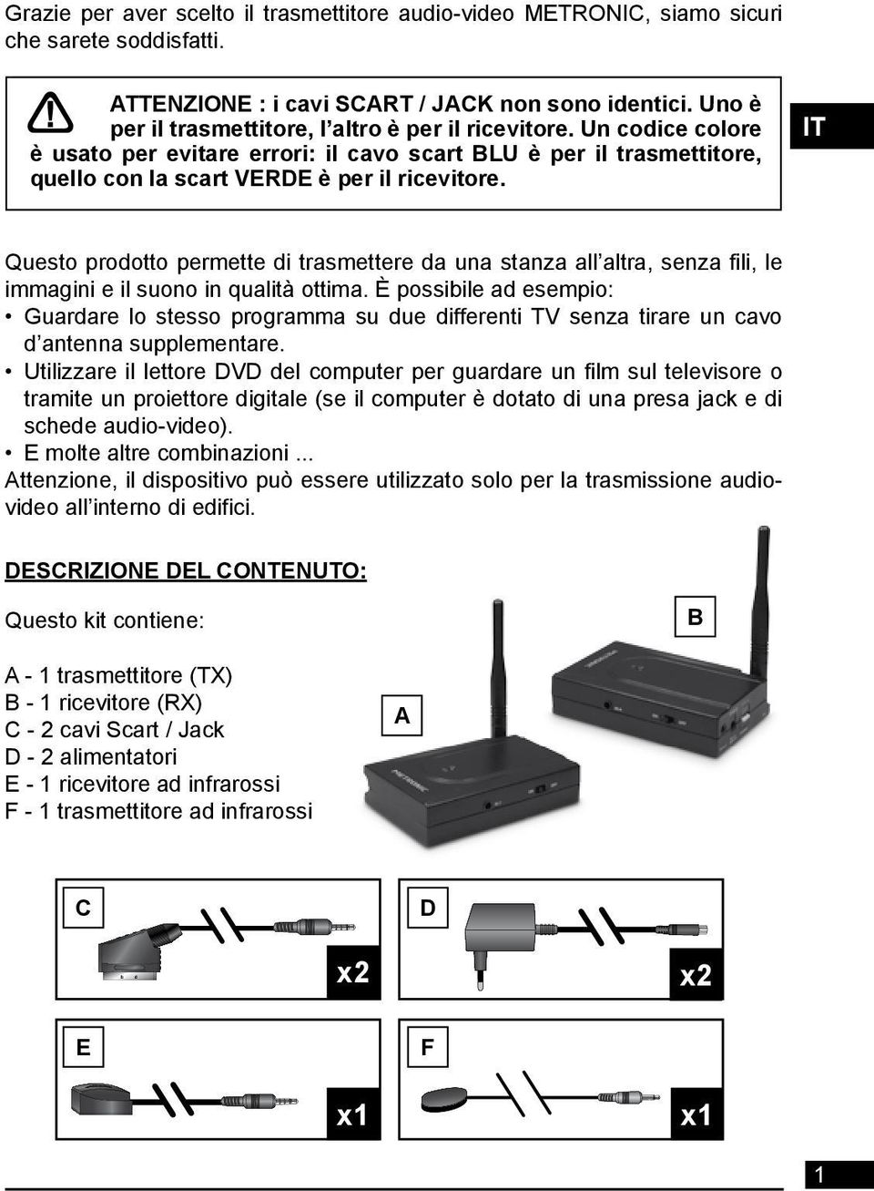 IT Questo prodotto permette di trasmettere da una stanza all altra, senza fili, le immagini e il suono in qualità ottima.