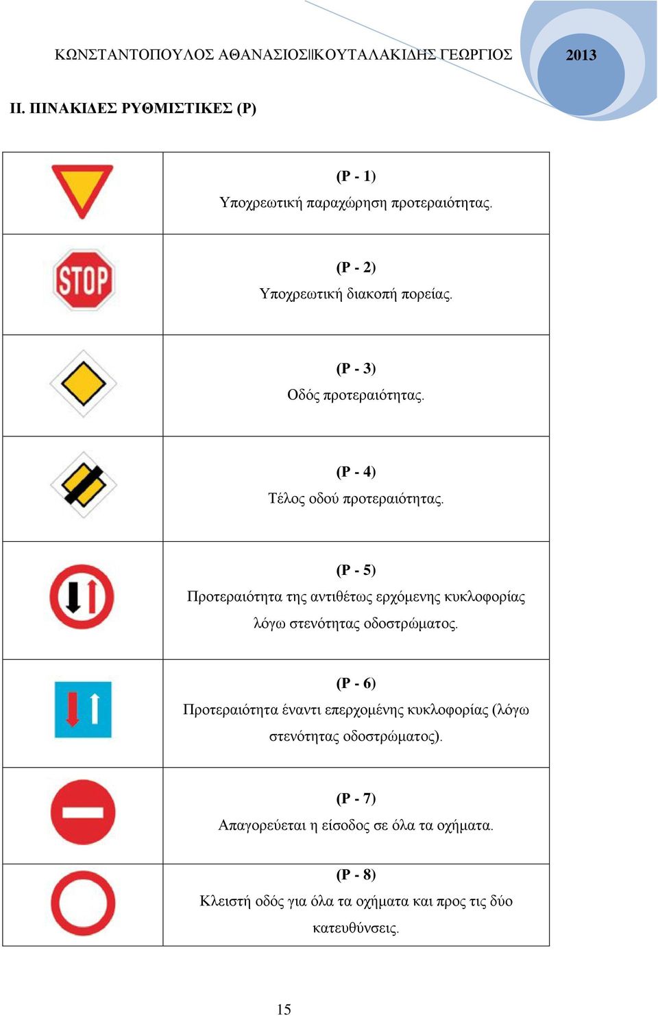 (Ρ - 5) Προτεραιότητα της αντιθέτως ερχόμενης κυκλοφορίας λόγω στενότητας οδοστρώματος.