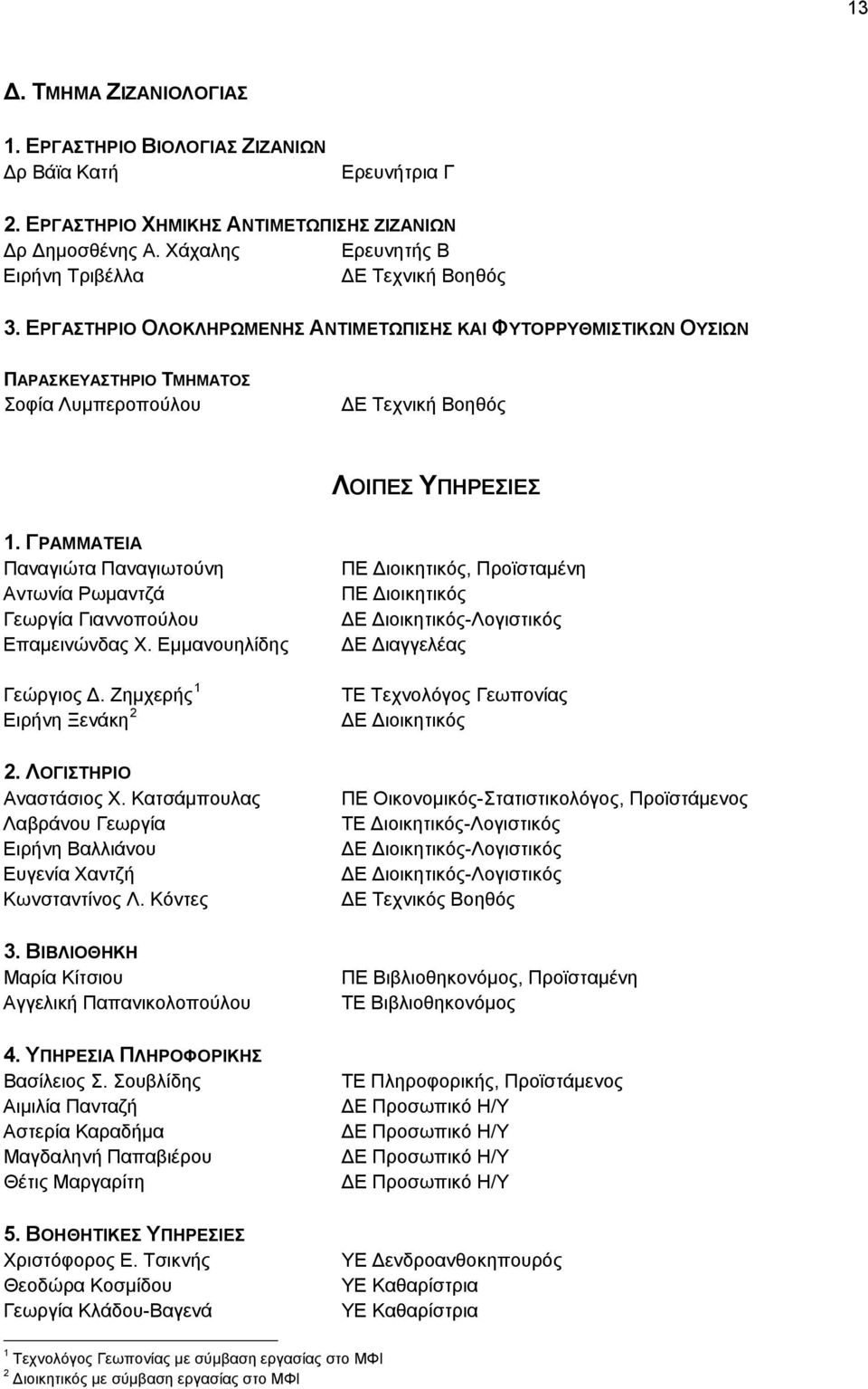 ΕΡΓΑΣΤΗΡΙΟ ΟΛΟΚΛΗΡΩΜΕΝΗΣ ΑΝΤΙΜΕΤΩΠΙΣΗΣ ΚΑΙ ΦΥΤΟΡΡΥΘΜΙΣΤΙΚΩΝ ΟΥΣΙΩΝ ΠΑΡΑΣΚΕΥΑΣΤΗΡΙΟ ΤΜΗΜΑΤΟΣ Σοφία Λυμπεροπούλου ΔΕ Τεχνική Βοηθός ΛΟΙΠΕΣ ΥΠΗΡΕΣΙΕΣ 1.