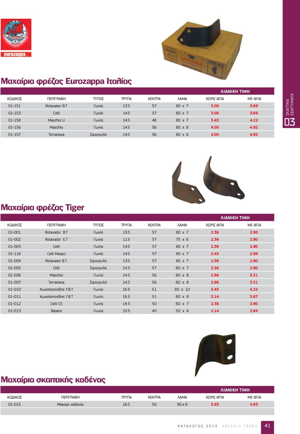T Γωνία 13.5 57 80 x 7 2.36 2.90 01-002 Rotavator E.T Γωνία 11.5 57 75 x 6 2.36 2.90 01-003 Celli Γωνία 14.5 57 80 x 7 2.36 2.90 01-118 Celli Μακρύ Γωνία 14.5 57 80 x 7 2.43 2.99 01-004 Rotavator B.T. Στρογγυλό 13.