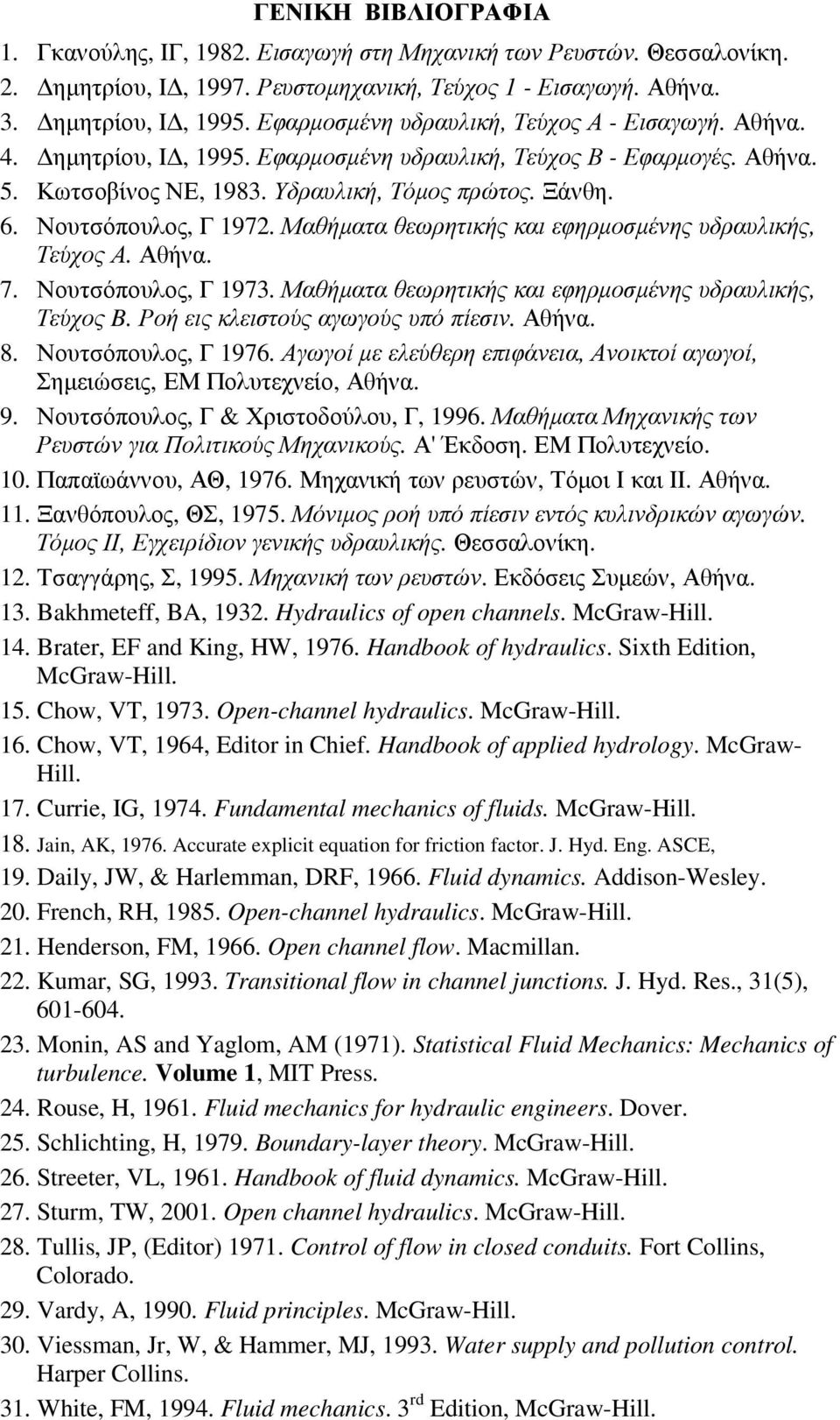 Νουτσόπουλος, Γ 97. Μαθήµατα θεωρητικής και εφηρµοσµένης υδραυλικής, Τεύχος Α. Αθήνα. 7. Νουτσόπουλος, Γ 973. Μαθήµατα θεωρητικής και εφηρµοσµένης υδραυλικής, Τεύχος B.