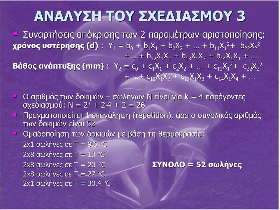 δοκιμών σωλήνων Ν είναι για k = 4 παράγοντες σχεδιασμού: Ν = 2 4 + 2 42 4 + 2 = 26 Πραγματοποιείται 1 επανάληψη (repetition), άρα ο συνολικός αριθμός των δοκιμών είναι 52