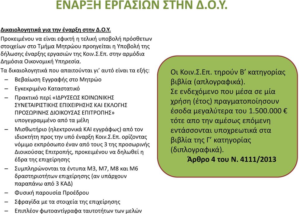 Τα δικαιολογητικά που απαιτούνται γι αυτό είναι τα εξής: Βεβαίωση Εγγραφής στο Μητρώο Εγκεκριμένο Καταστατικό Πρακτικό περί «ΙΔΡΥΣΕΩΣ ΚΟΙΝΩΝΙΚΗΣ ΣΥΝΕΤΑΙΡΙΣΤΙΚΗΣ ΕΠΙΧΕΙΡΗΣΗΣ ΚΑΙ ΕΚΛΟΓΗΣ ΠΡΟΣΩΡΙΝΗΣ