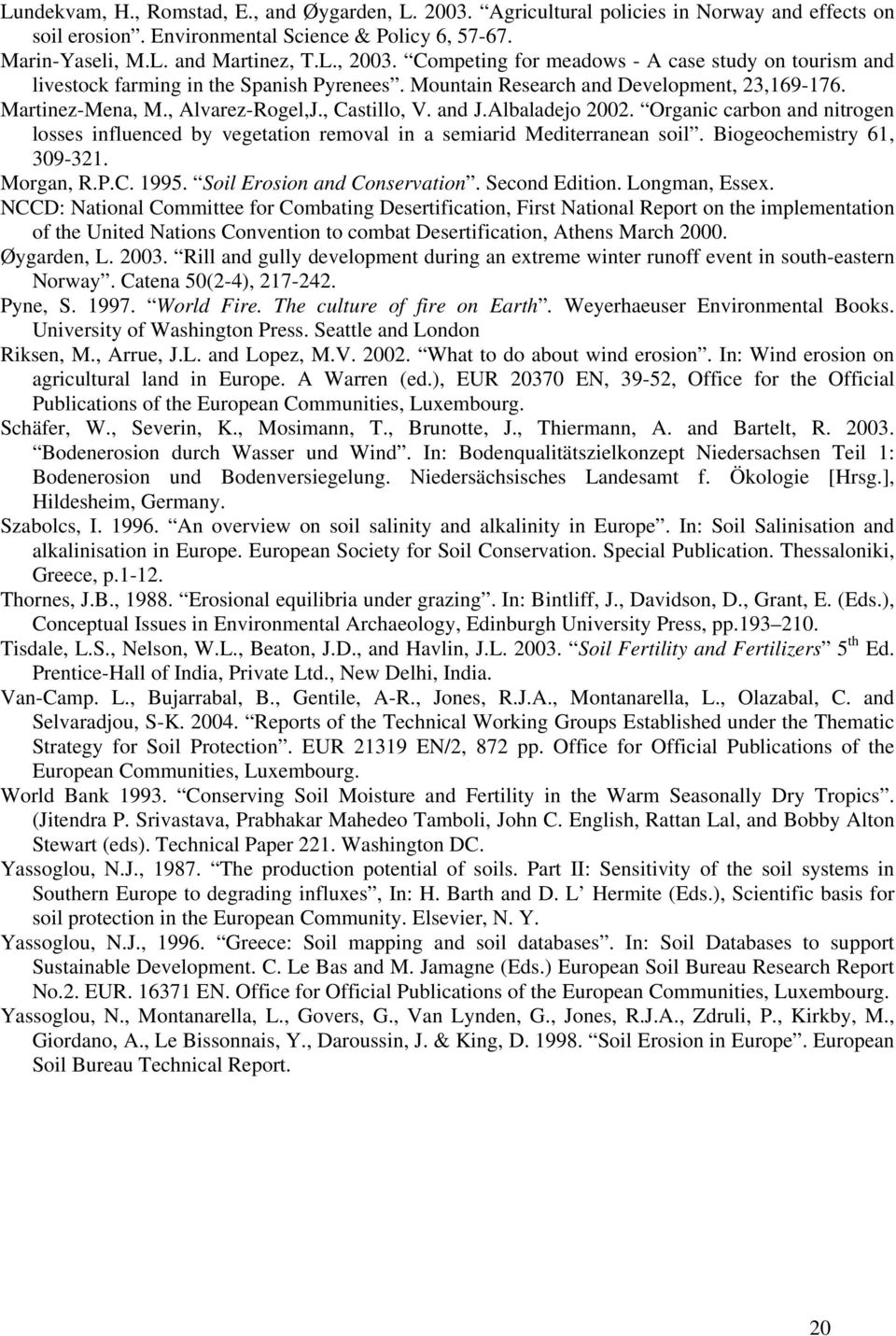 Albaladejo 2002. Organic carbon and nitrogen losses influenced by vegetation removal in a semiarid Mediterranean soil. Biogeochemistry 61, 309-321. Morgan, R.P.C. 1995. Soil Erosion and Conservation.