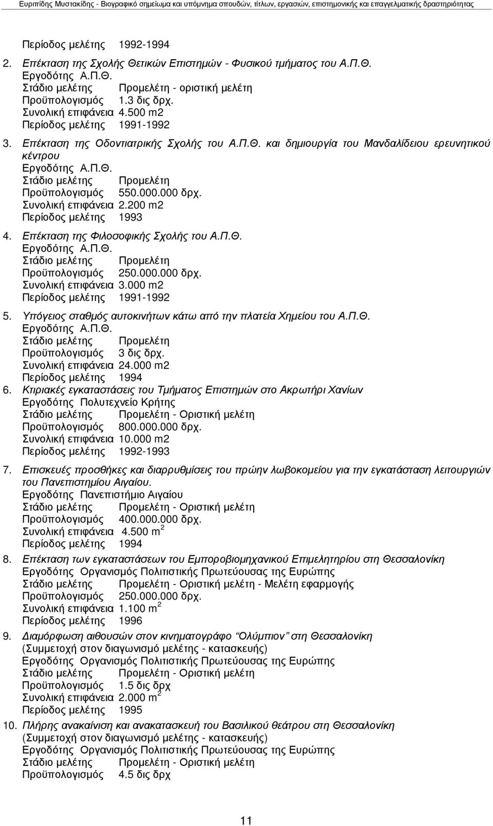 000.000 δρχ. Συνολική επιφάνεια 2.200 m2 Περίοδος µελέτης 1993 4. Επέκταση της Φιλοσοφικής Σχολής του Α.Π.Θ. Εργοδότης Α.Π.Θ. Στάδιο µελέτης Προµελέτη Προϋπολογισµός 250.000.000 δρχ. Συνολική επιφάνεια 3.