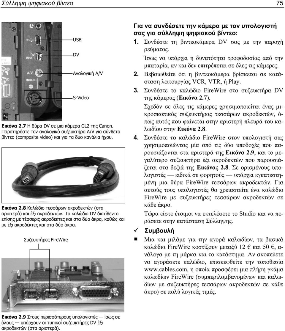 Τα καλώδια DV διατίθενται επίσης με τέσσερις ακροδέκτες και στα δύο άκρα, καθώς και με έξι ακροδέκτες και στα δύο άκρα. Συζευκτήρες FireWire Εικόνα 2.