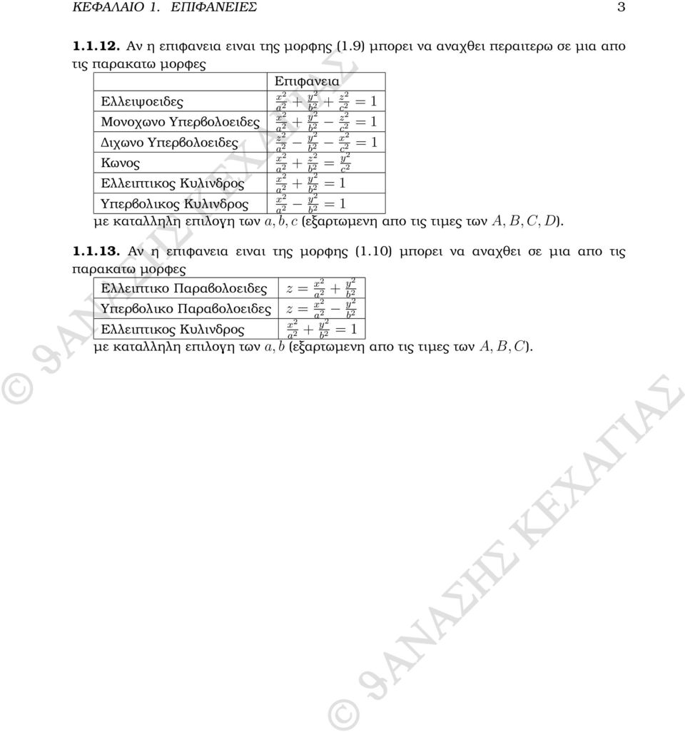 a 2 b 2 x2 = 1 c 2 x Κωνος a 2 + z2 b 2 = y2 c 2 x Ελλειπτικος Κυλινδρος a 2 + y2 = 1 b 2 x Υπερβολικος Κυλινδρος y2 = 1 a 2 b 2 µε καταλληλη επιλογη των a, b, c (εξαρτωµενη απο τις