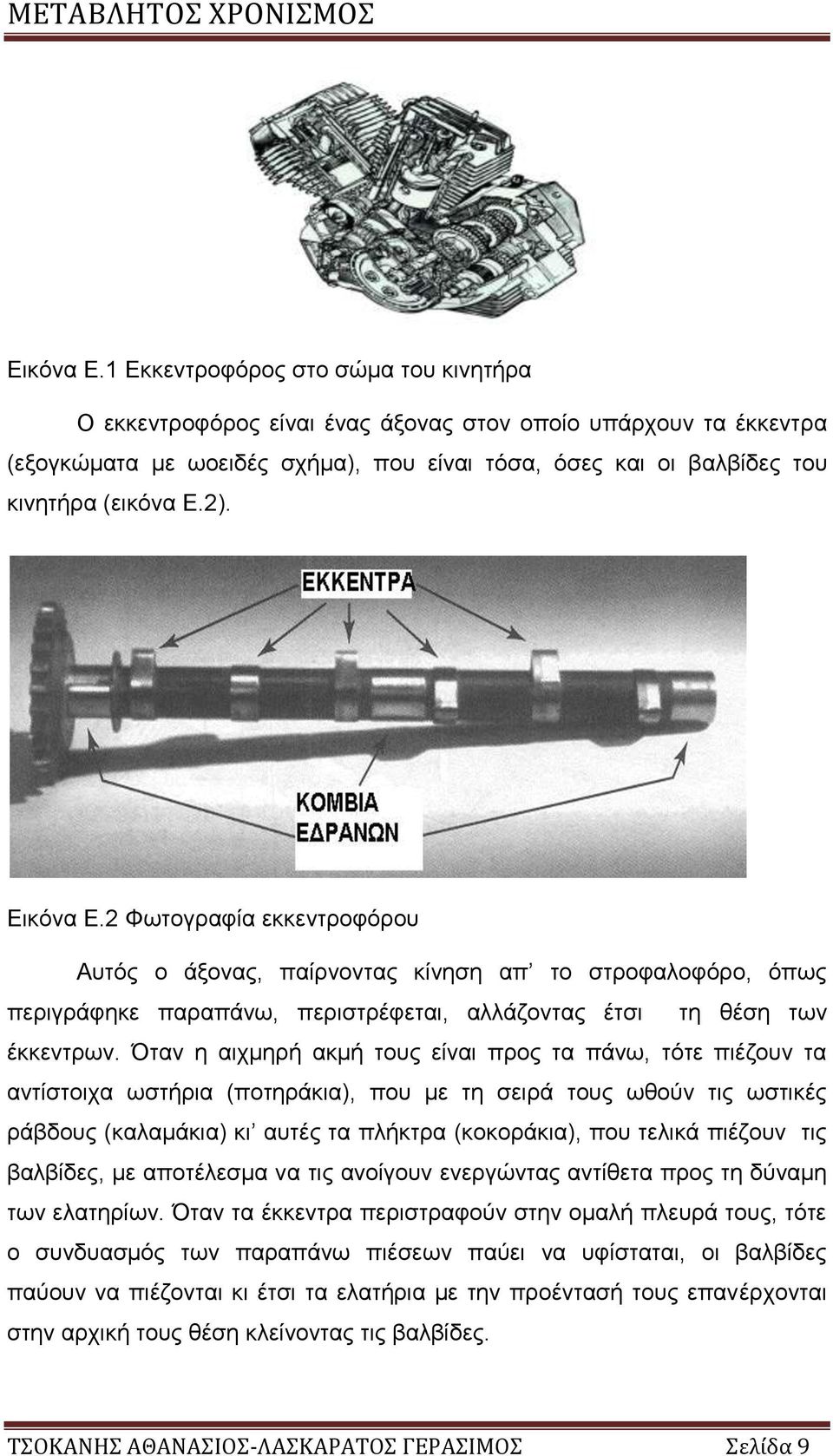 2 Φωτογραφία εκκεντροφόρου Αυτός ο άξονας, παίρνοντας κίνηση απ το στροφαλοφόρο, όπως περιγράφηκε παραπάνω, περιστρέφεται, αλλάζοντας έτσι τη θέση των έκκεντρων.