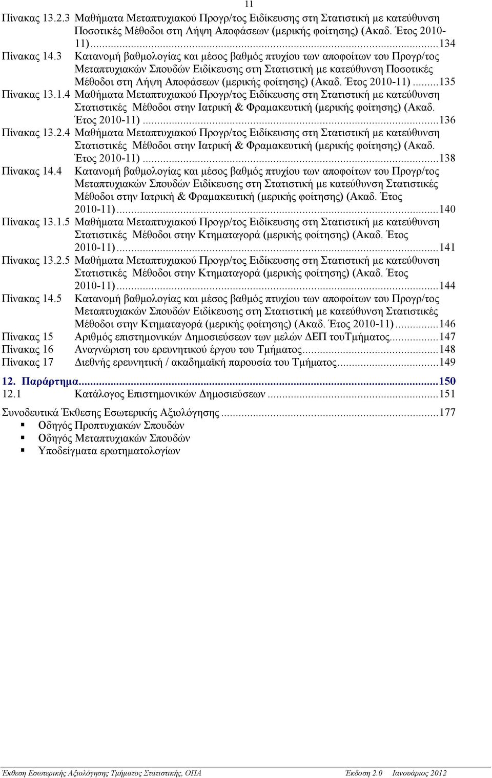 Έτος 2010-11)...135 Πίνακας 13.1.4 Μαθήματα Μεταπτυχιακού Προγρ/τος Ειδίκευσης στη Στατιστική με κατεύθυνση Στατιστικές Μέθοδοι στην Ιατρική & Φραμακευτική (μερικής φοίτησης) (Ακαδ. Έτος 2010-11).