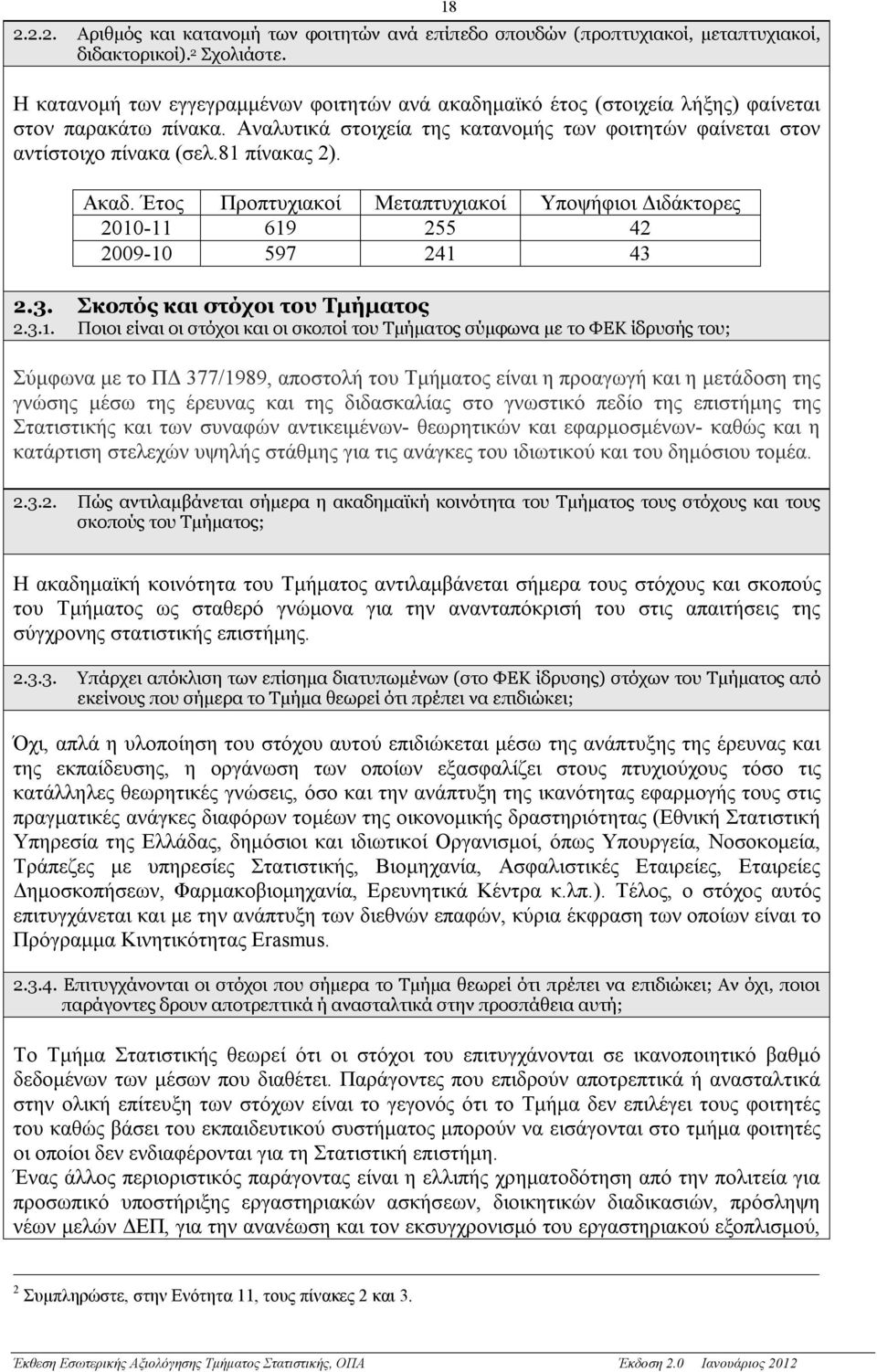 81 πίνακας 2). Ακαδ. Έτος Προπτυχιακοί Μεταπτυχιακοί Υποψήφιοι Διδάκτορες 2010-11 619 255 42 2009-10 597 241 43 2.3. Σκοπός και στόχοι του Τμήματος 2.3.1. Ποιοι είναι οι στόχοι και οι σκοποί του