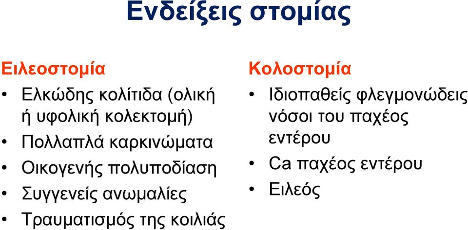 Συγγενείς ανωμαλίες Τραυματισμός της κοιλιάς Κολοστομία