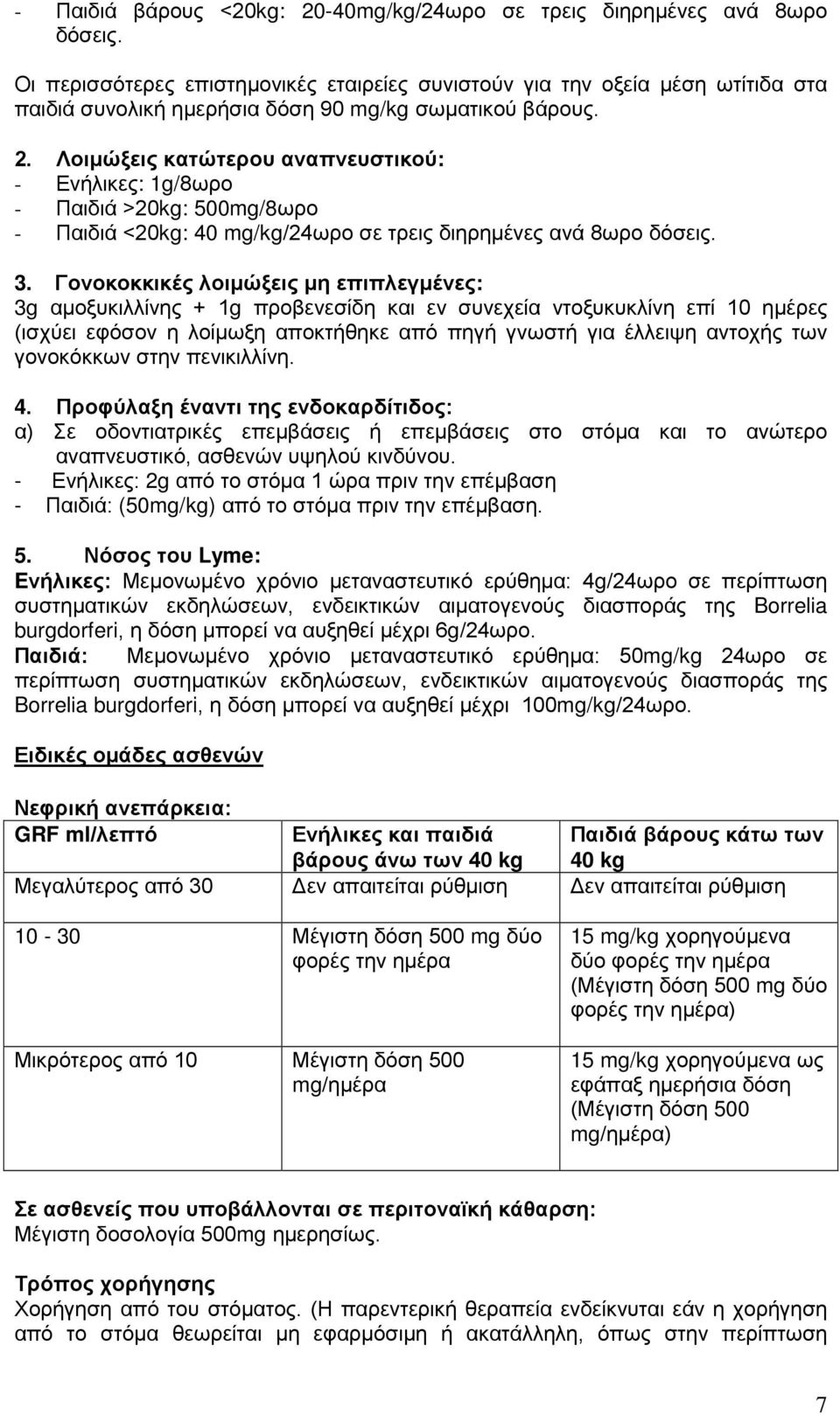 Λοιμώξεις κατώτερου αναπνευστικού: - Ενήλικες: 1g/8ωρο - Παιδιά >20kg: 500mg/8ωρο - Παιδιά <20kg: 40 mg/kg/24ωρο σε τρεις διηρημένες ανά 8ωρο δόσεις. 3.