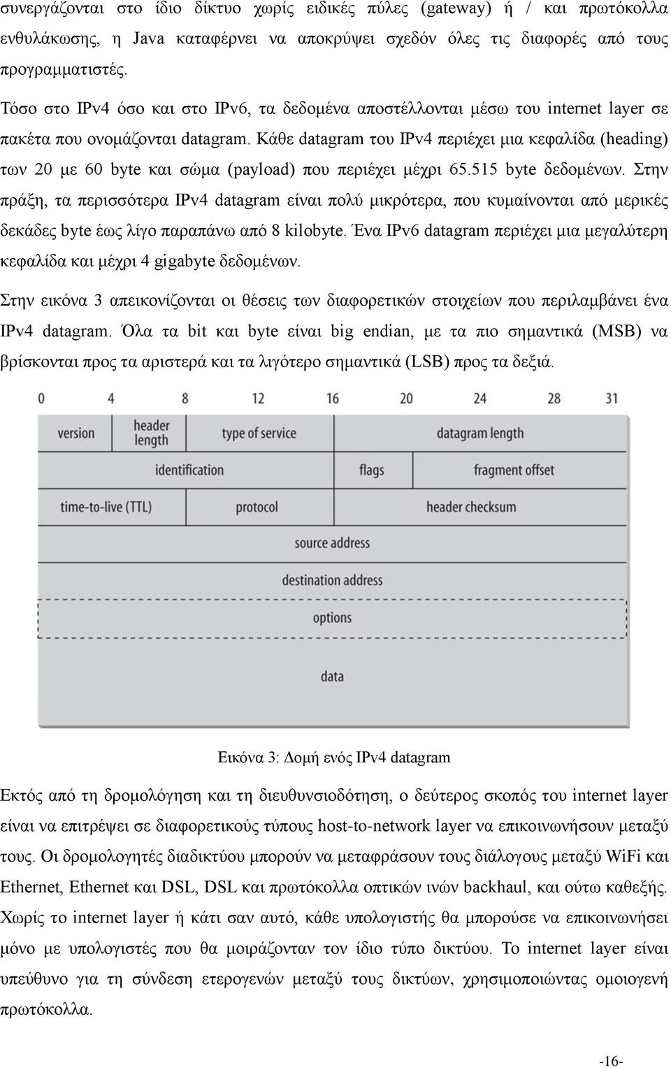 Κάθε datagram του IPv4 περιέχει μια κεφαλίδα (heading) των 20 με 60 byte και σώμα (payload) που περιέχει μέχρι 65.515 byte δεδομένων.