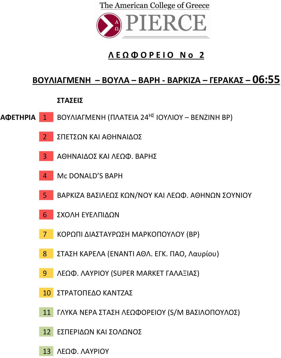 ΑΘΗΝΩΝ ΣΟΥΝΙΟΥ 6 ΣΧΟΛΗ ΕΥΕΛΠΙΔΩΝ 7 ΚΟΡΩΠΙ ΔΙΑΣΤΑΥΡΩΣΗ ΜΑΡΚΟΠΟΥΛΟΥ (BP) 8 ΣΤΑΣΗ ΚΑΡΕΛΑ (ΕΝΑΝΤΙ ΑΘΛ. ΕΓΚ. ΠΑΟ, Λαυρίου) 9 ΛΕΩΦ.