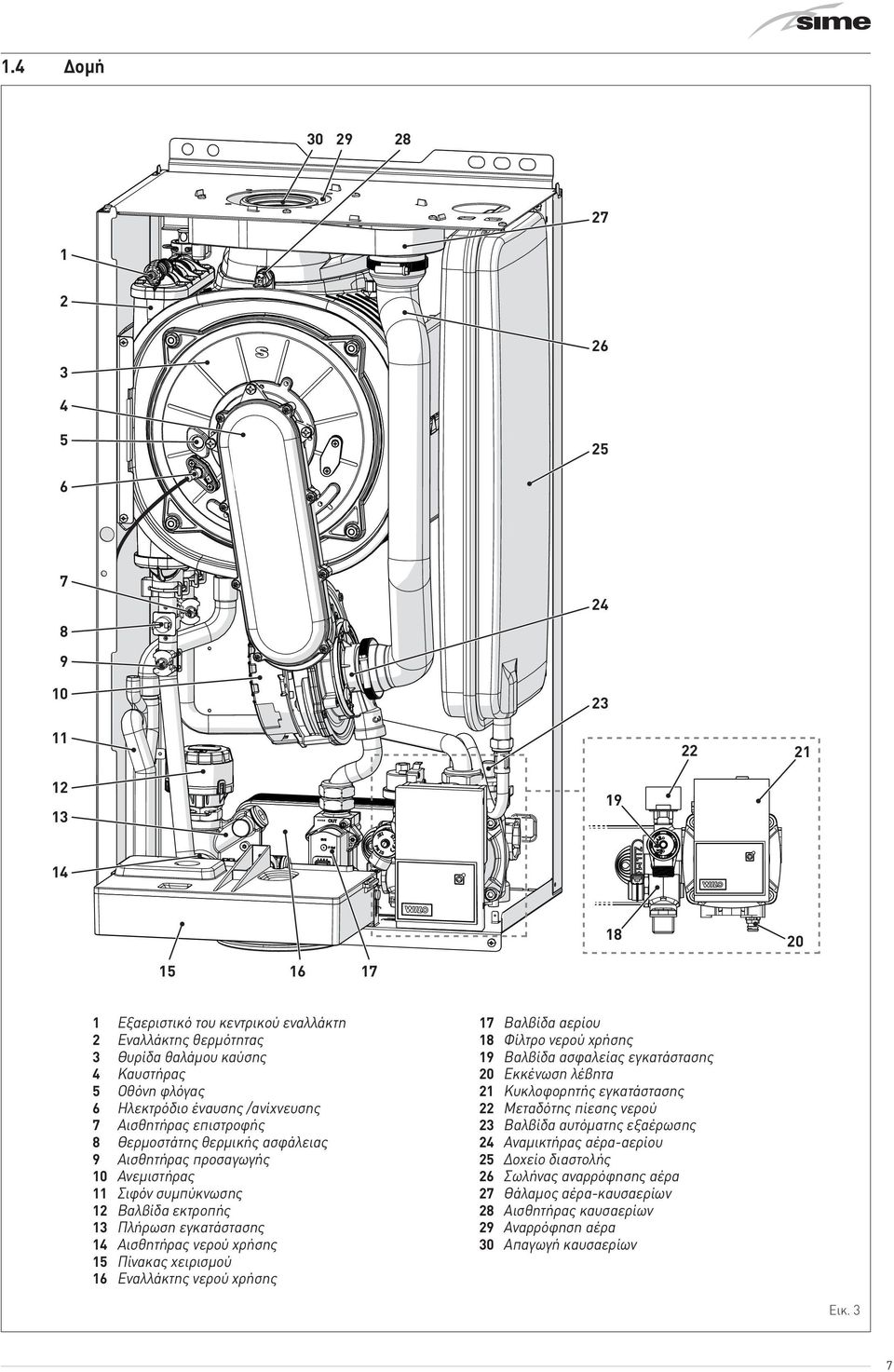 εγκατάστασης 14 Αισθητήρας νερού χρήσης 15 Πίνακας χειρισμού 16 Εναλλάκτης νερού χρήσης 17 Βαλβίδα αερίου 18 Φίλτρο νερού χρήσης 19 Βαλβίδα ασφαλείας εγκατάστασης 20 Εκκένωση λέβητα 21 Κυκλοφορητής