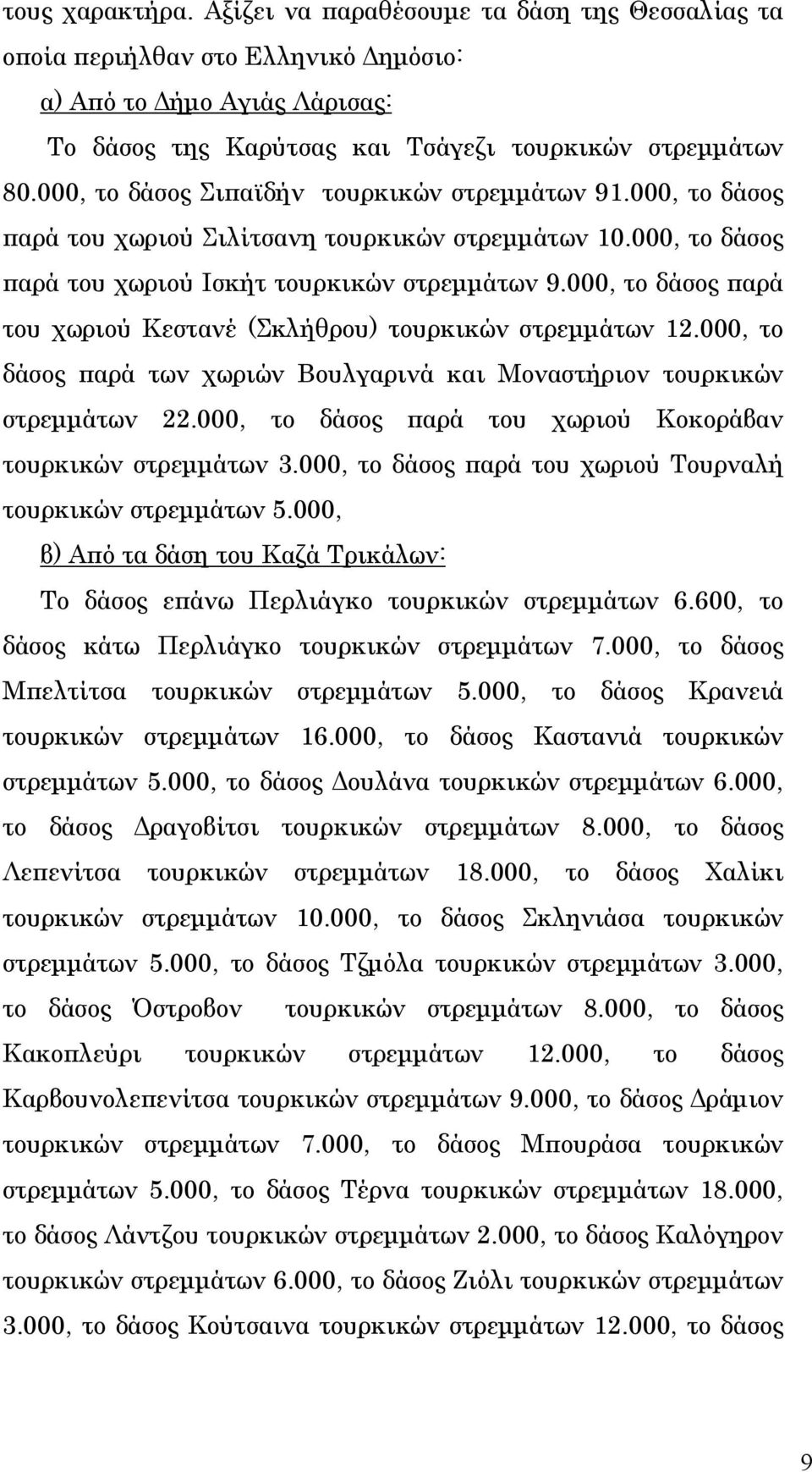 000, το δάσος παρά του χωριού Κεστανέ (Σκλήθρου) τουρκικών στρεμμάτων 12.000, το δάσος παρά των χωριών Βουλγαρινά και Μοναστήριον τουρκικών στρεμμάτων 22.