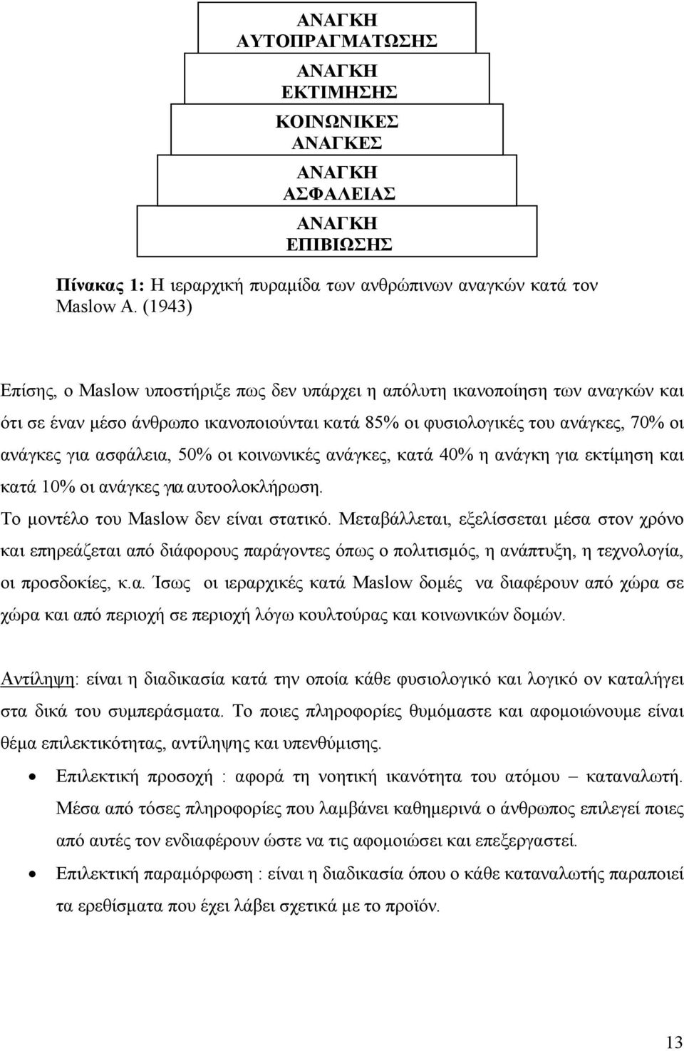 οι κοινωνικές ανάγκες, κατά 40% η ανάγκη για εκτίμηση και κατά 10% οι ανάγκες για αυτοολοκλήρωση. Το μοντέλο του Maslow δεν είναι στατικό.